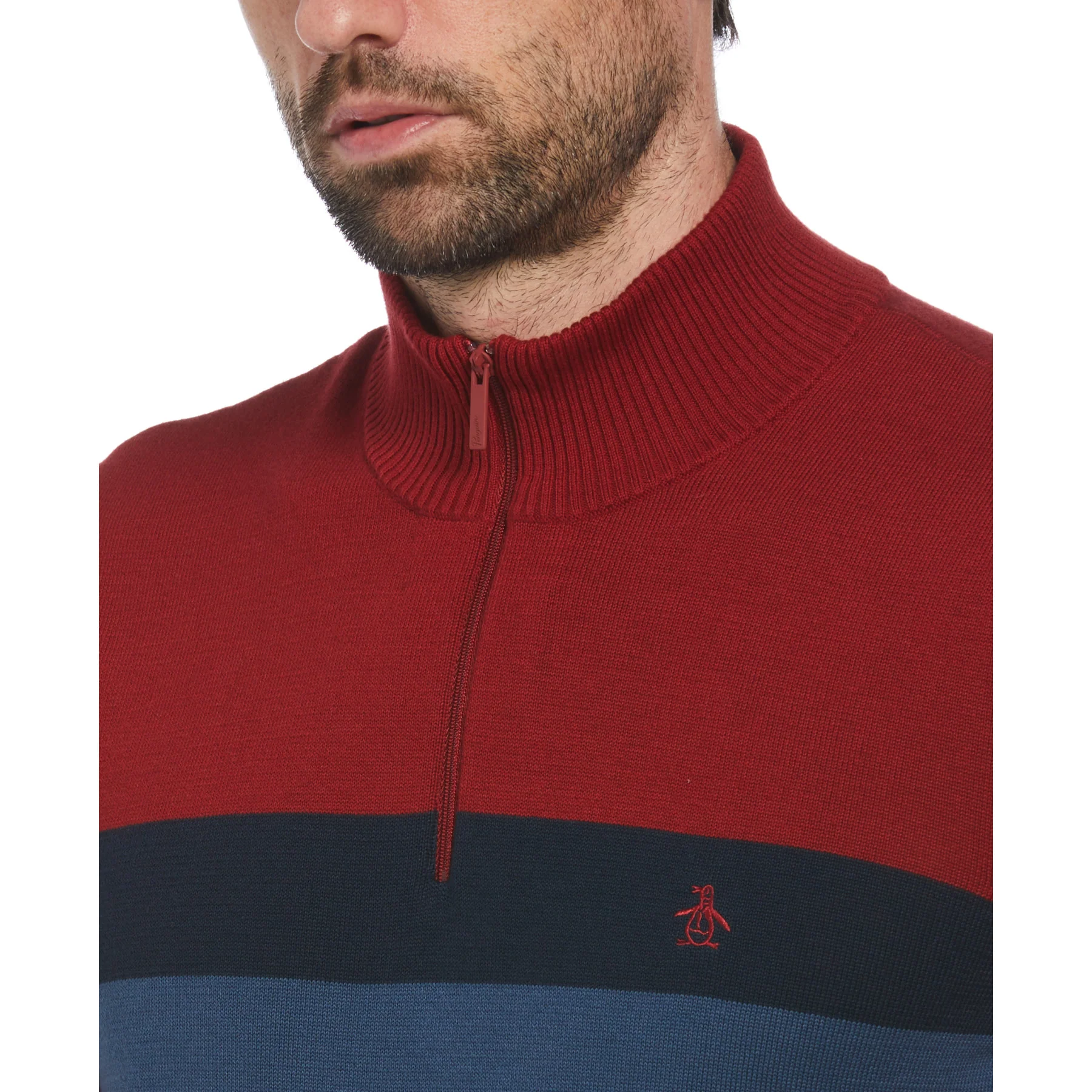 1/4 Zip Colour Block Jumper In Red Dahlia - Image 3