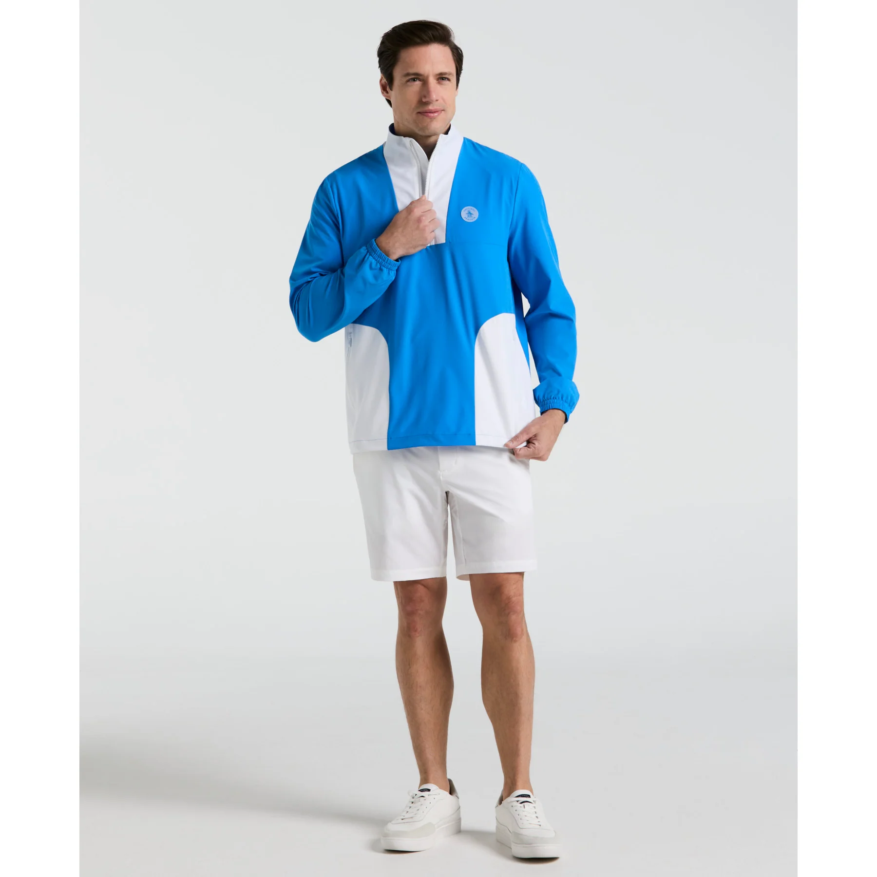 Lightweight 1/4 Zip Colour Block Golf Pullover In French Blue - Image 4