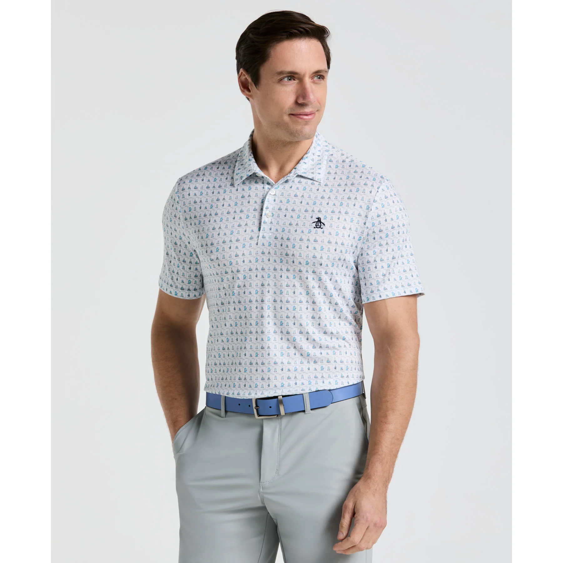 19th Hole Windowpane Novelty Printed Golf Polo Shirt In Bright White