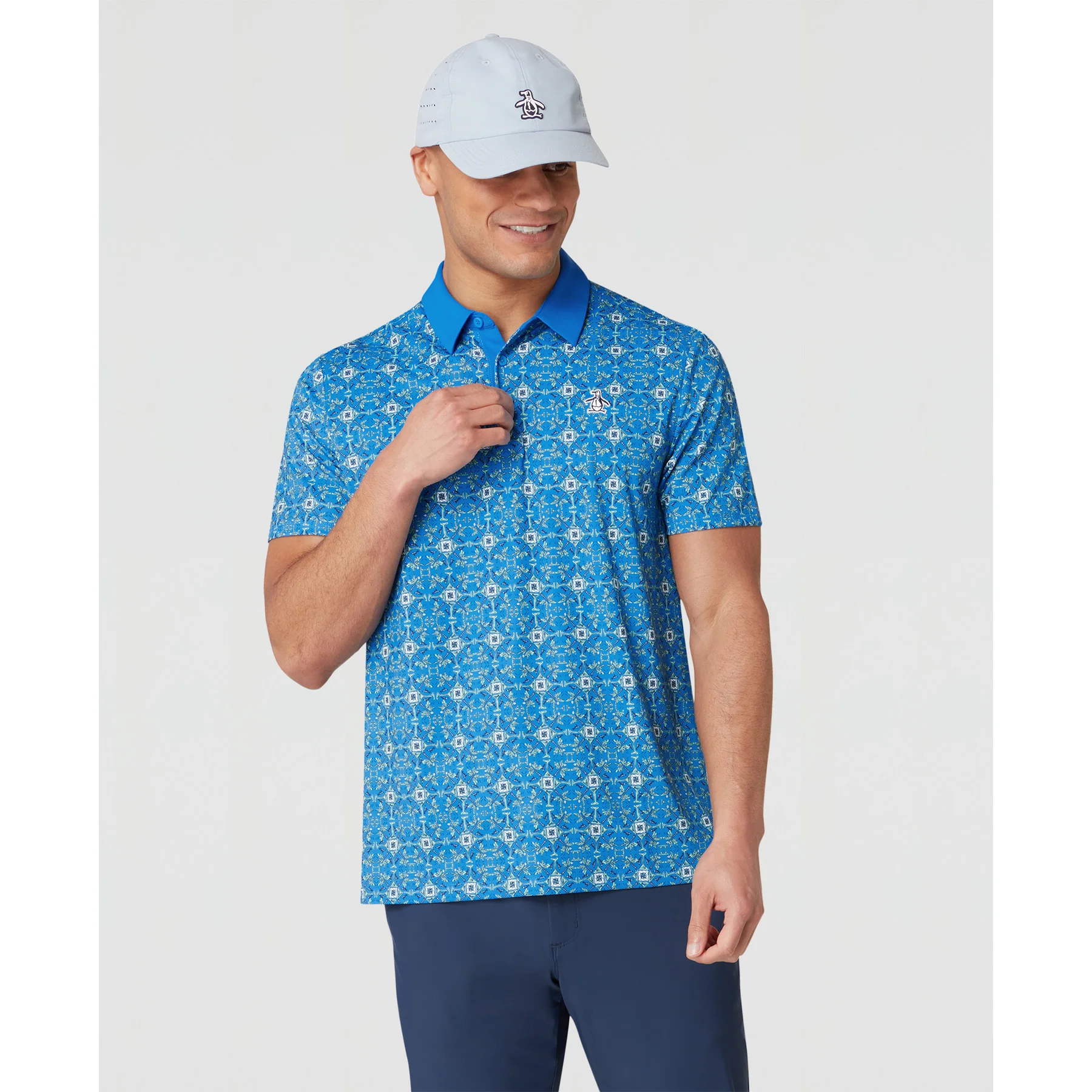 All Over Cocktail Windowpane Printed Golf Polo Shirt In French Blue