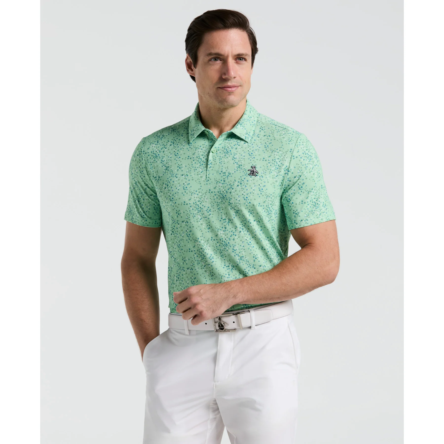 All Over Micro Abstract Printed Golf Polo Shirt In Sprucestone