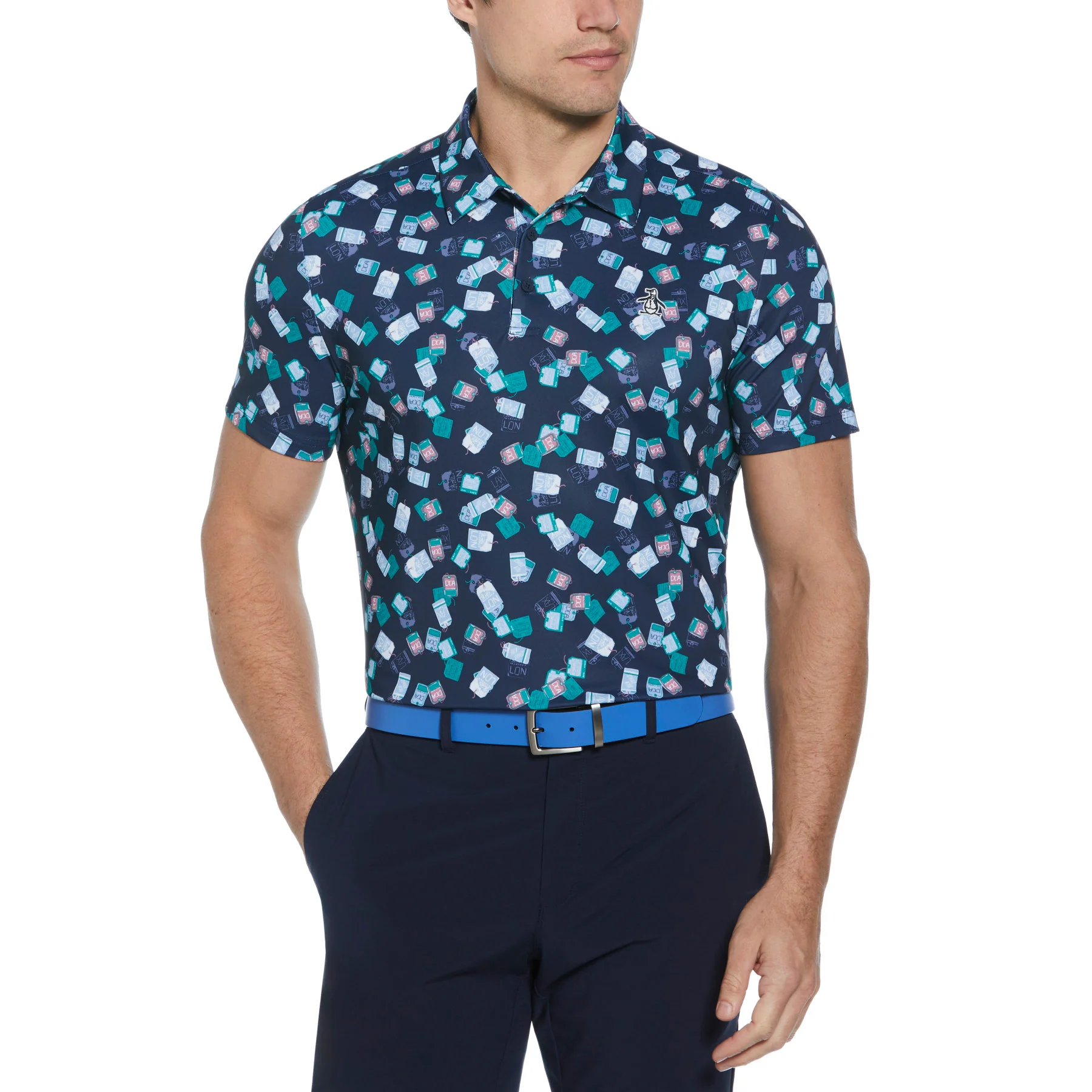 All Over Pete's Travel Tags Print Golf Polo Shirt In Black Iris