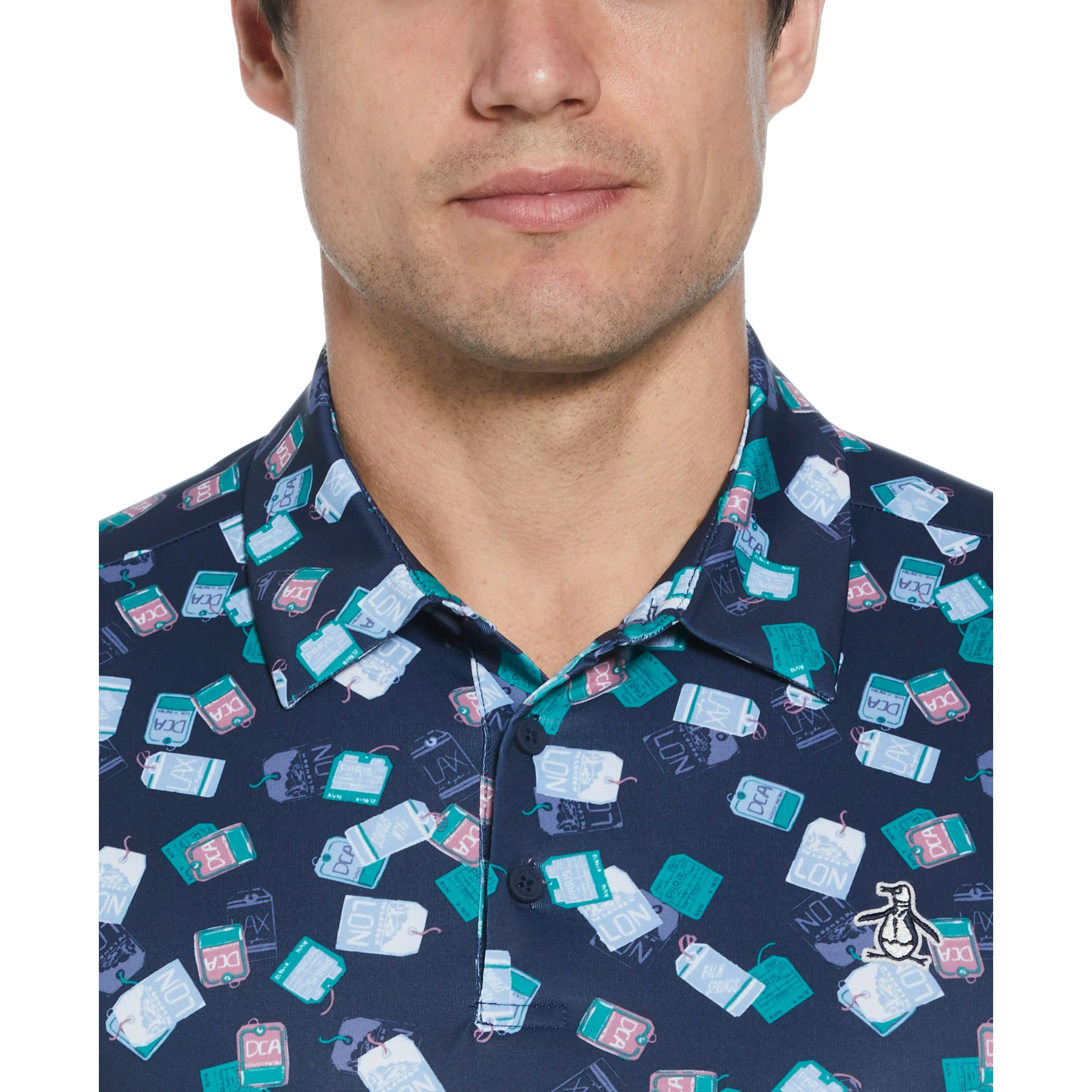 All Over Pete's Travel Tags Print Golf Polo Shirt In Black Iris - Image 3