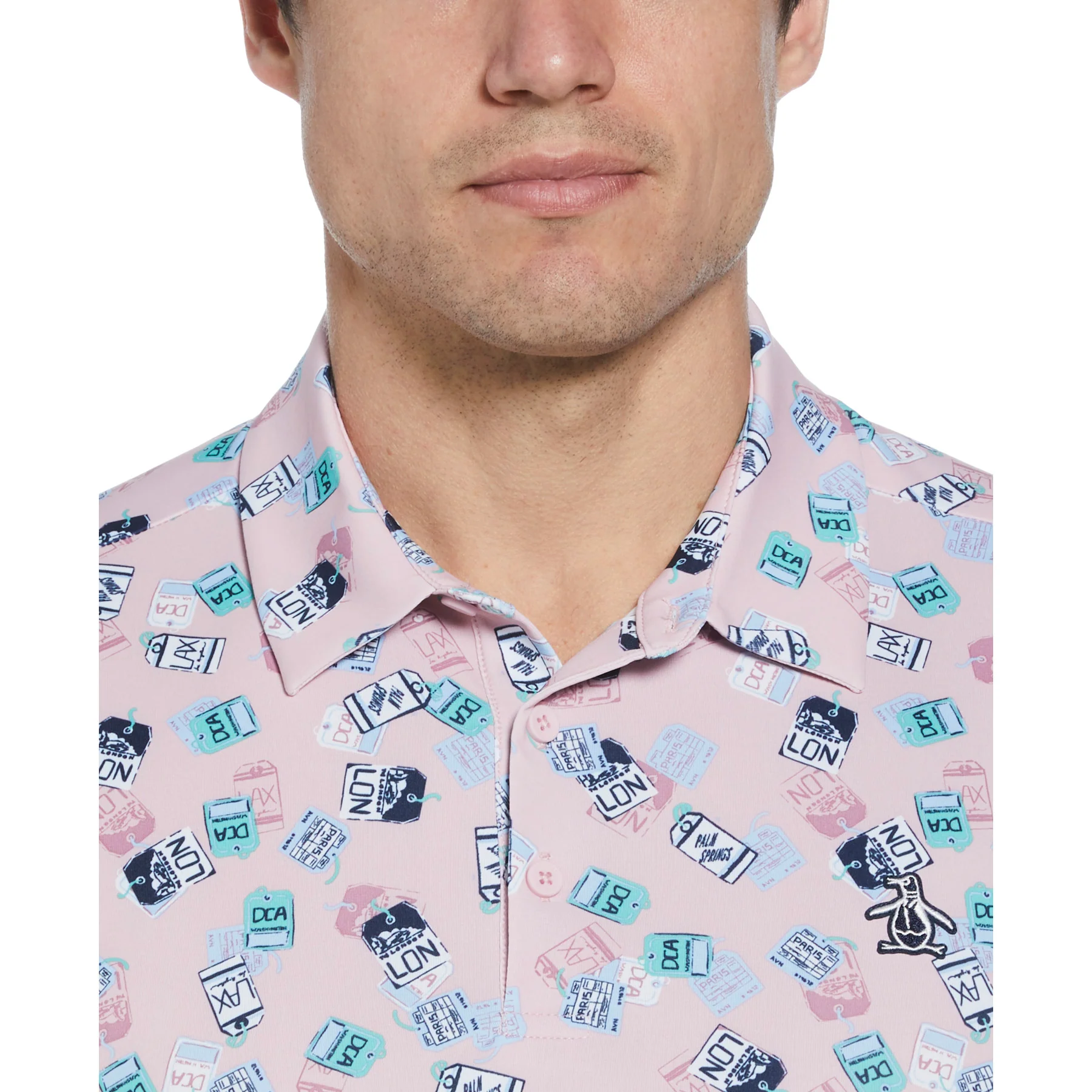 All Over Pete's Travel Tags Print Golf Polo Shirt In Charm Pink - Image 3