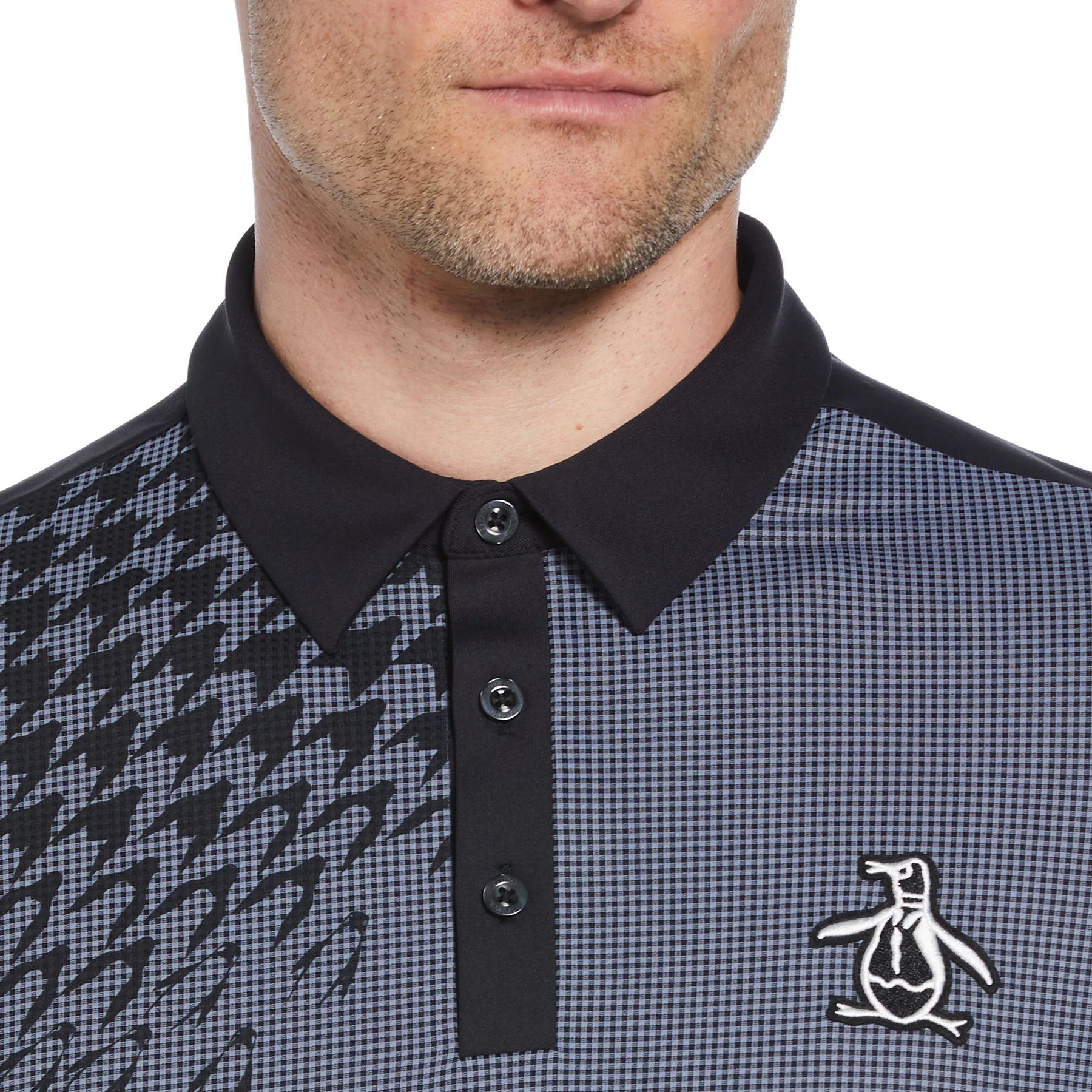 Asymmetrical Pete Gingham Colour Block Golf Polo Shirt In Caviar - Image 3