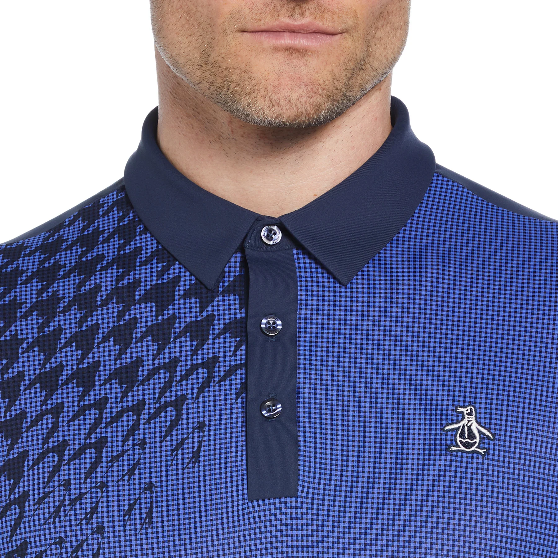 Asymmetrical Pete Gingham Colour Block Golf Polo Shirt In Black Iris - Image 3