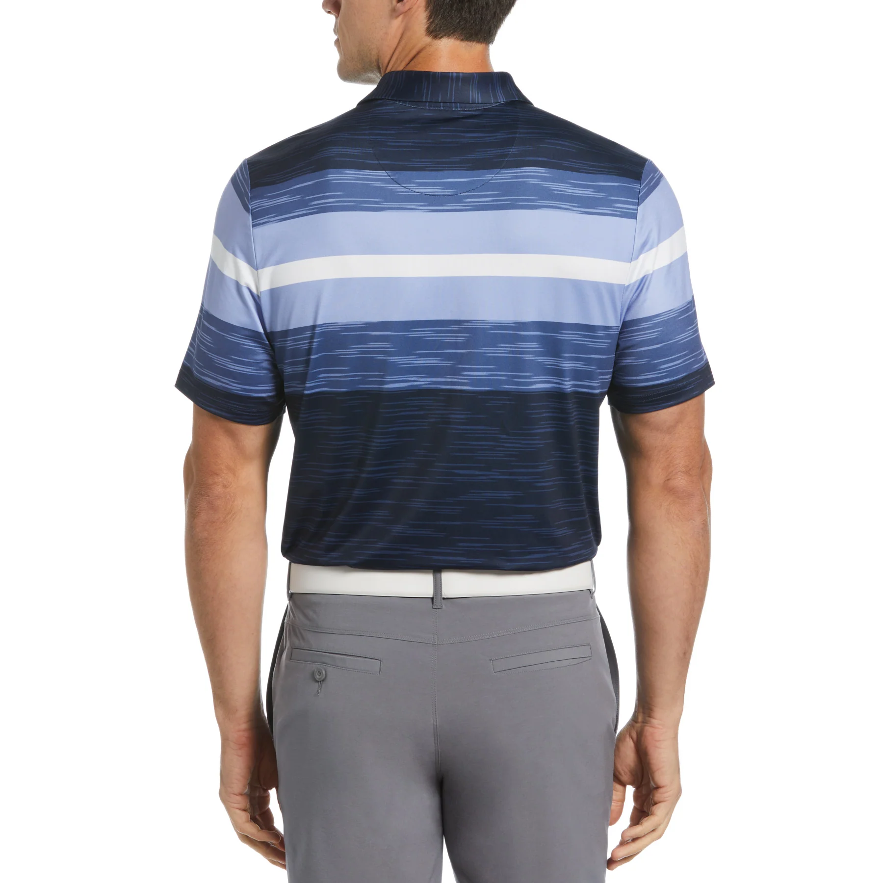 Colour Block Engineered Marl Stripe Golf Polo Shirt In Black Iris - Image 2