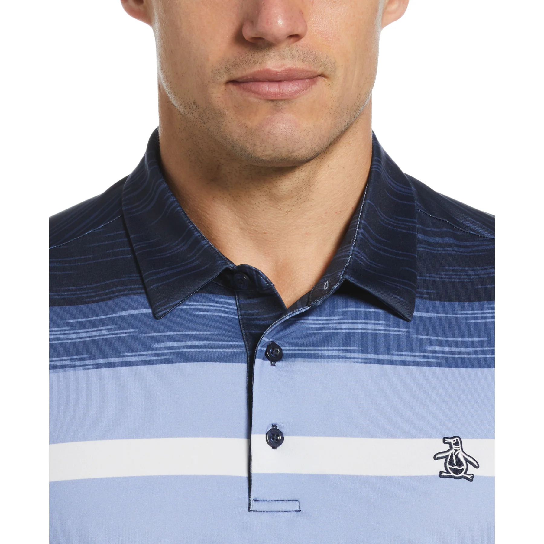 Colour Block Engineered Marl Stripe Golf Polo Shirt In Black Iris - Image 3