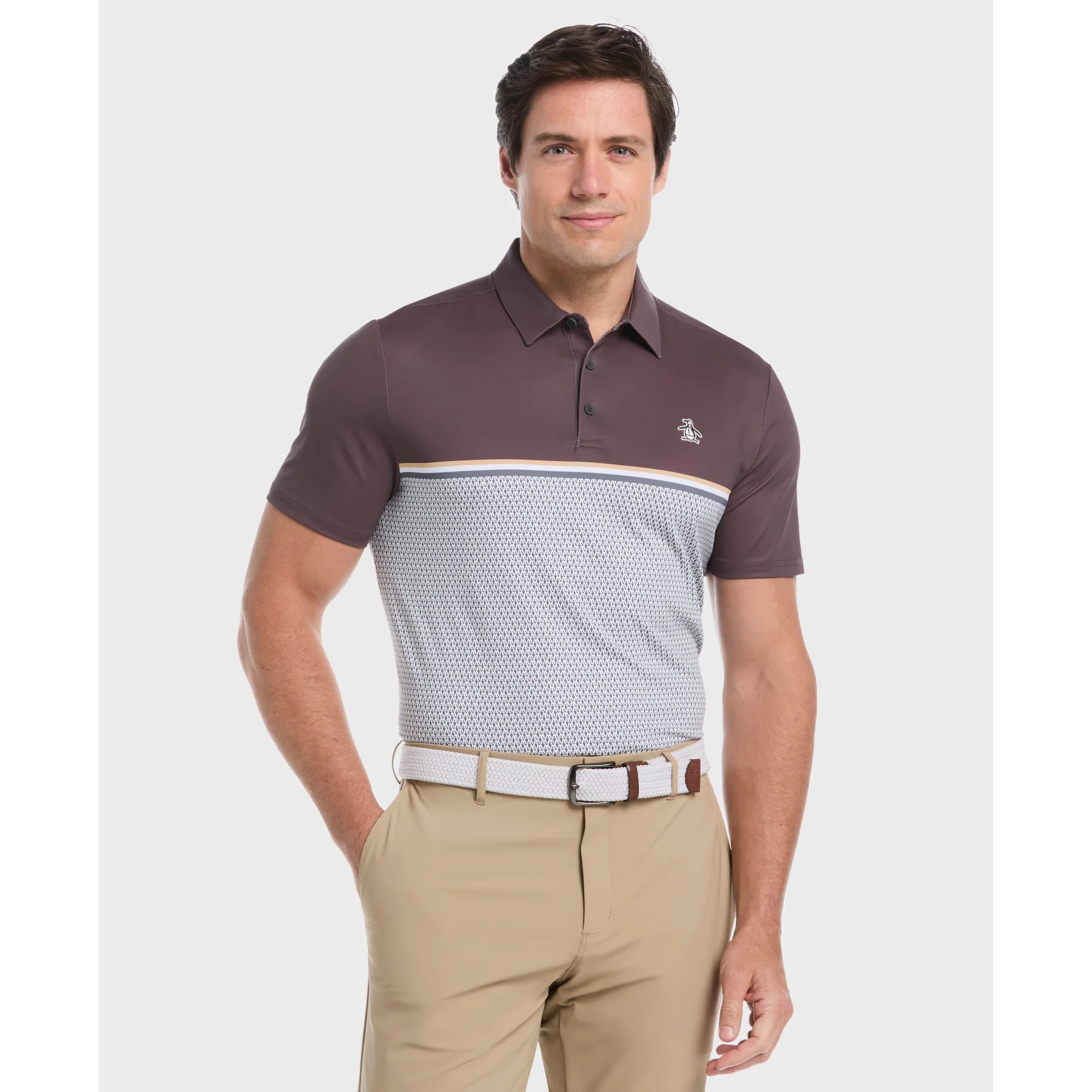 Colour Block P Print Golf Polo In Asphalt