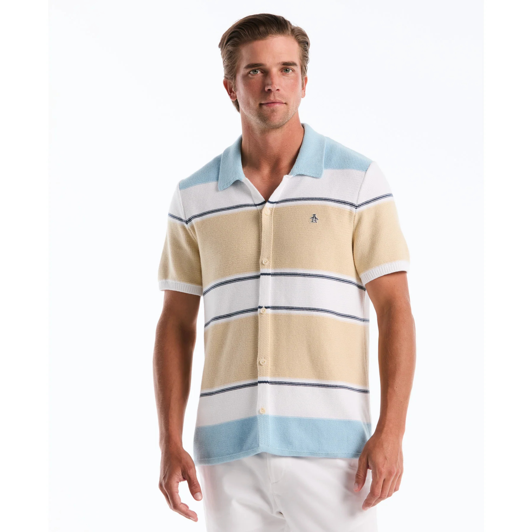 Colourblock Stripe Button Front Sweater Polo In Cool Blue