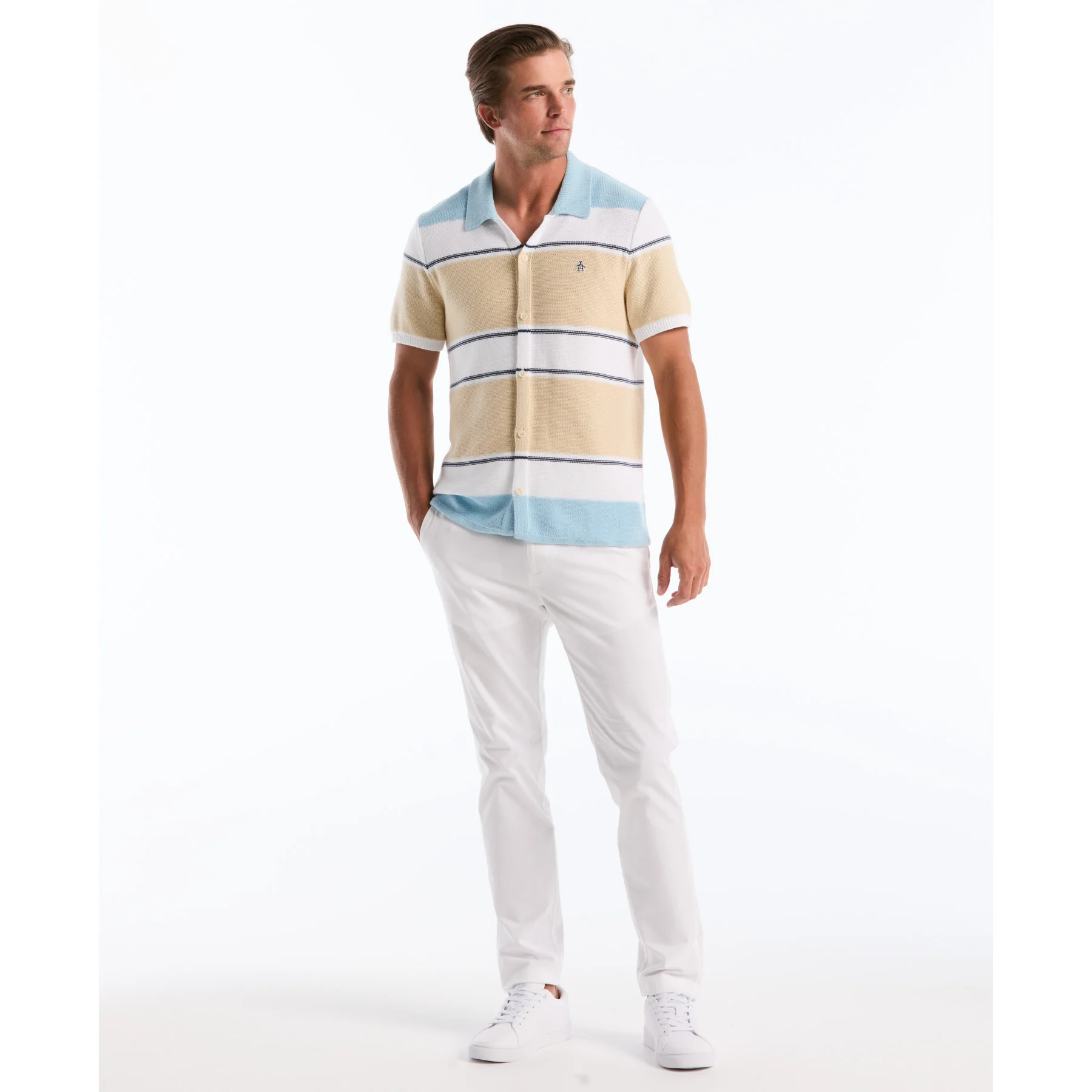 Colourblock Stripe Button Front Sweater Polo In Cool Blue - Image 2