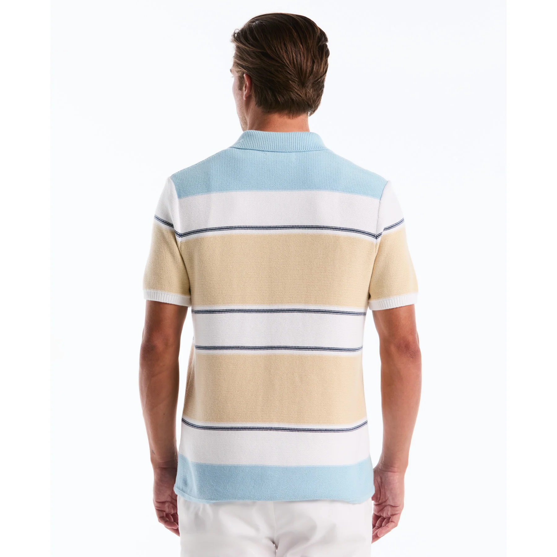 Colourblock Stripe Button Front Sweater Polo In Cool Blue - Image 3