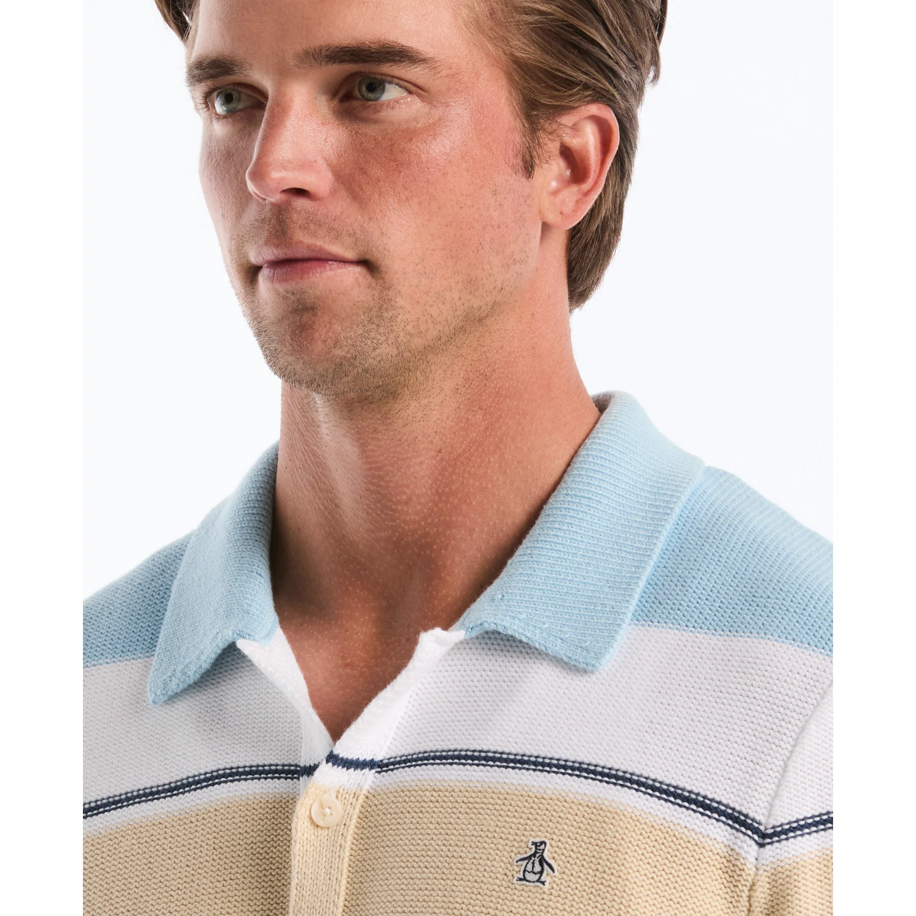 Colourblock Stripe Button Front Sweater Polo In Cool Blue - Image 4