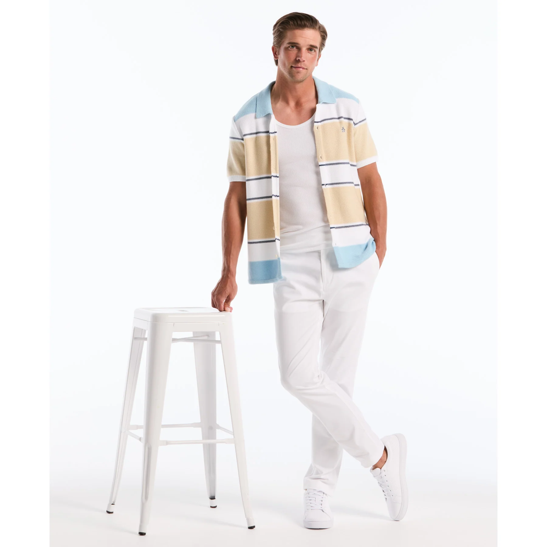 Colourblock Stripe Button Front Sweater Polo In Cool Blue - Image 5