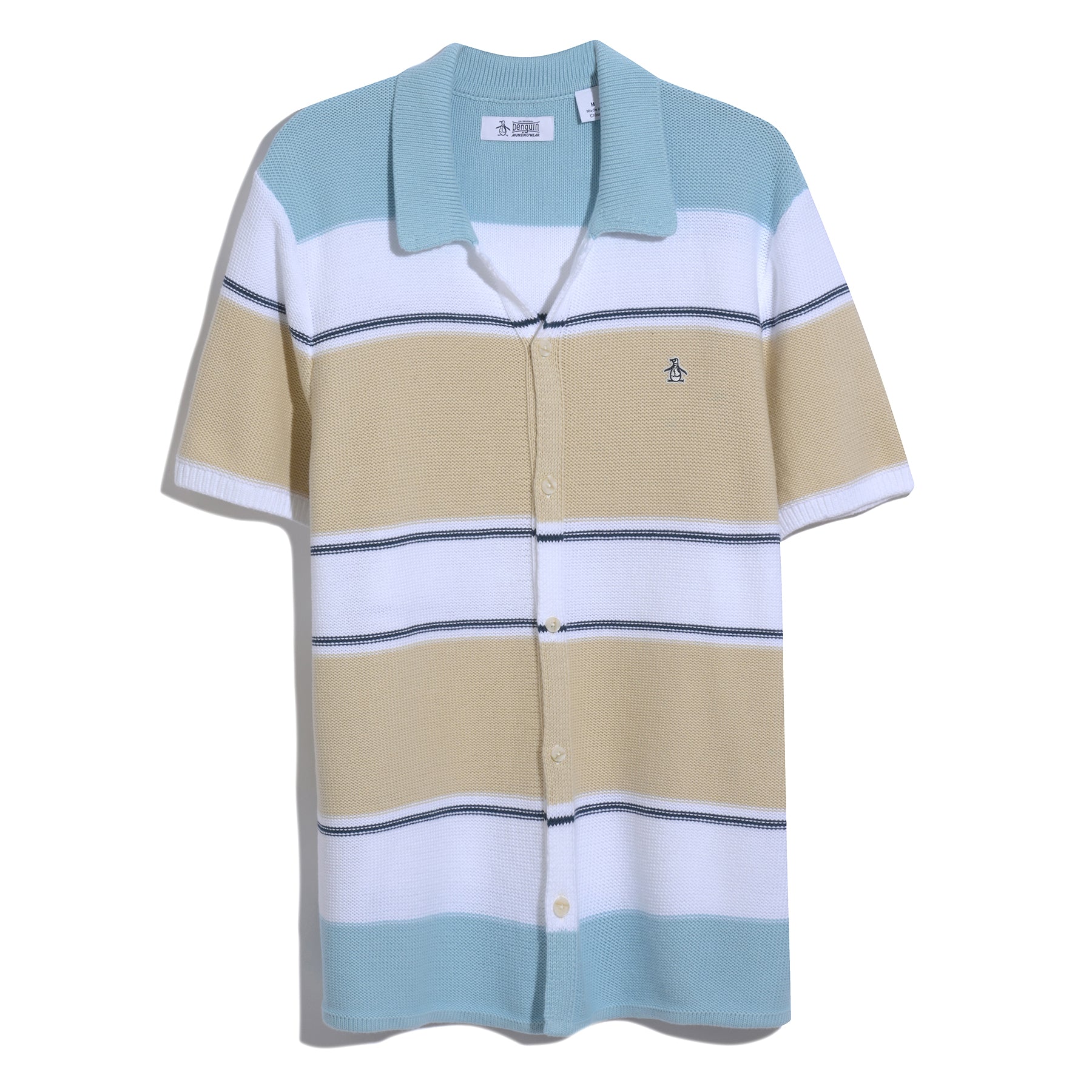 Colourblock Stripe Button Front Sweater Polo In Cool Blue - Image 6