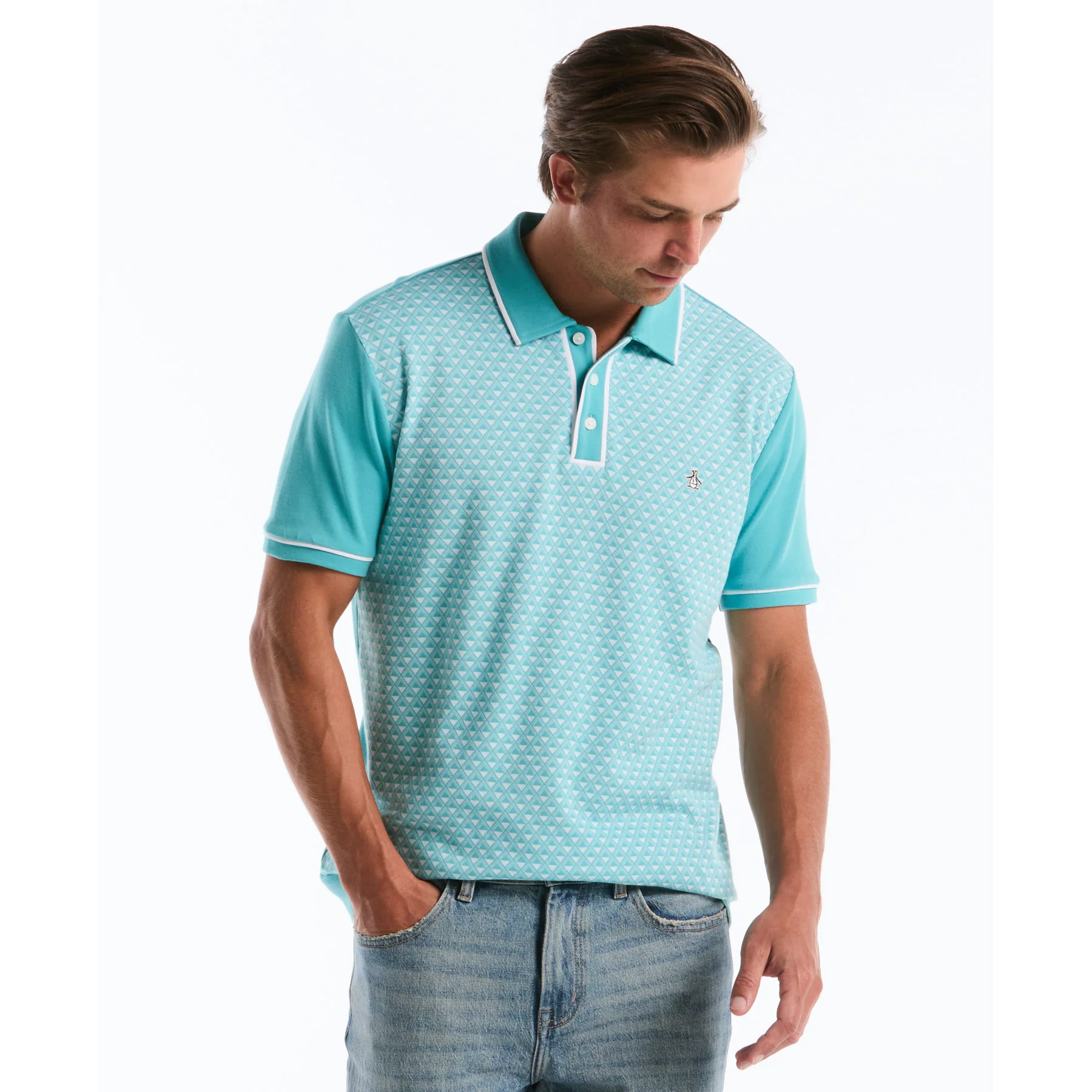 Diamond Jacquard Front Interlock Polo Shirt In Aquarelle