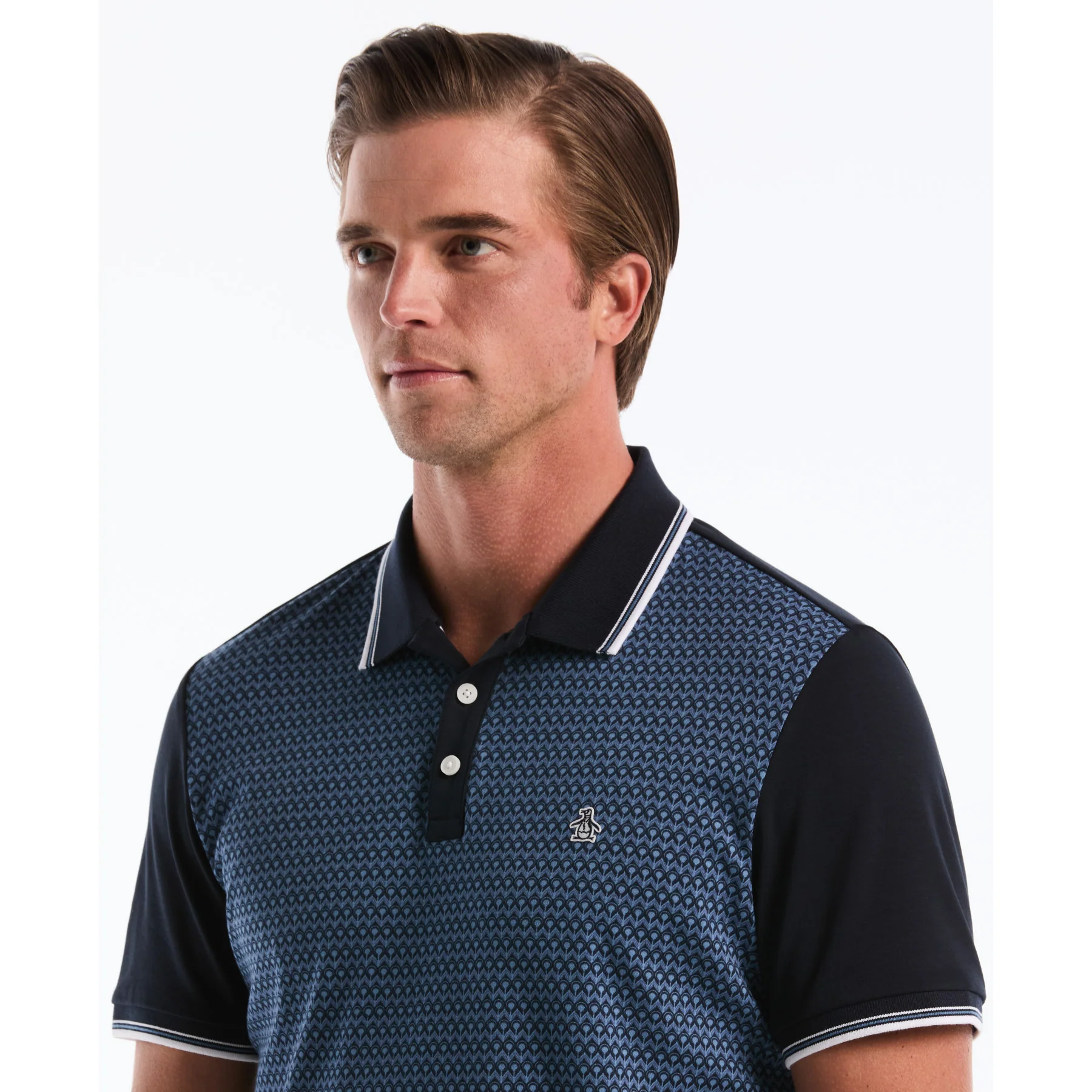 Ditsy Floral Print Polo Shirt In Dark Sapphire - Image 3