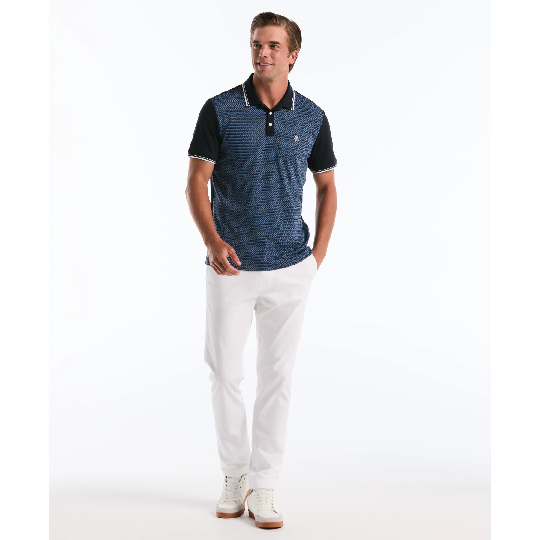Ditsy Floral Print Polo Shirt In Dark Sapphire - Image 4