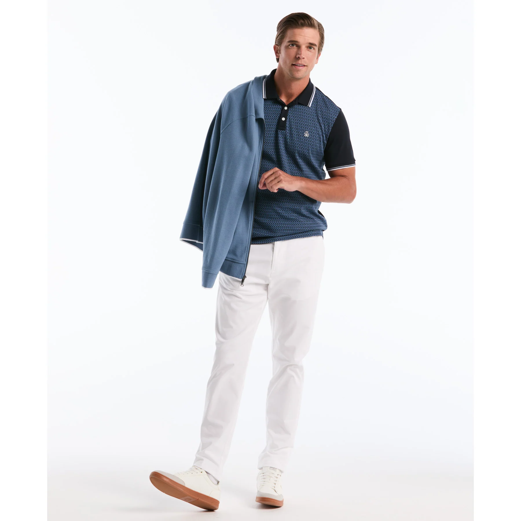 Ditsy Floral Print Polo Shirt In Dark Sapphire - Image 5