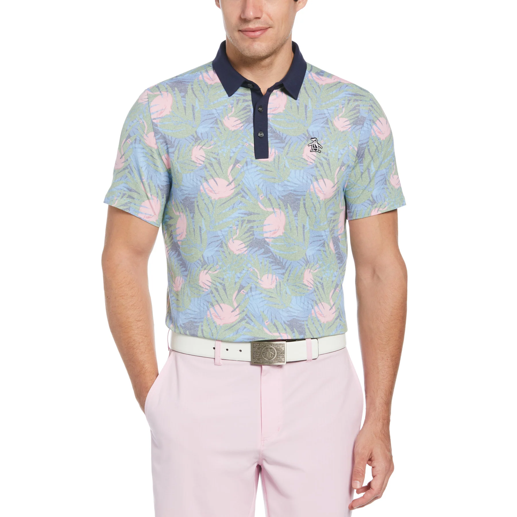 Filtered Flamingo Print Golf Polo Shirt In Black Iris