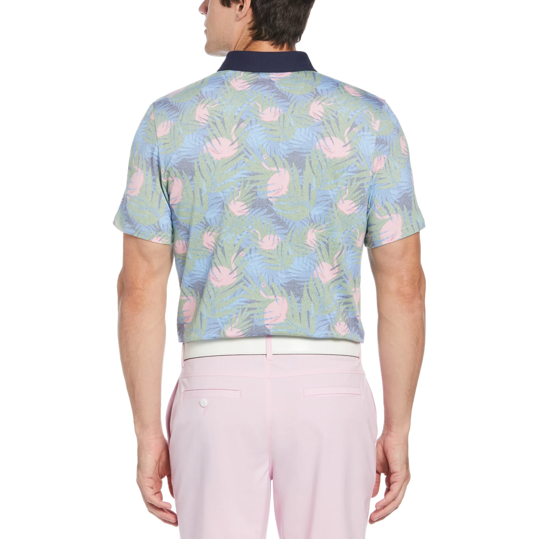 Filtered Flamingo Print Golf Polo Shirt In Black Iris - Image 2
