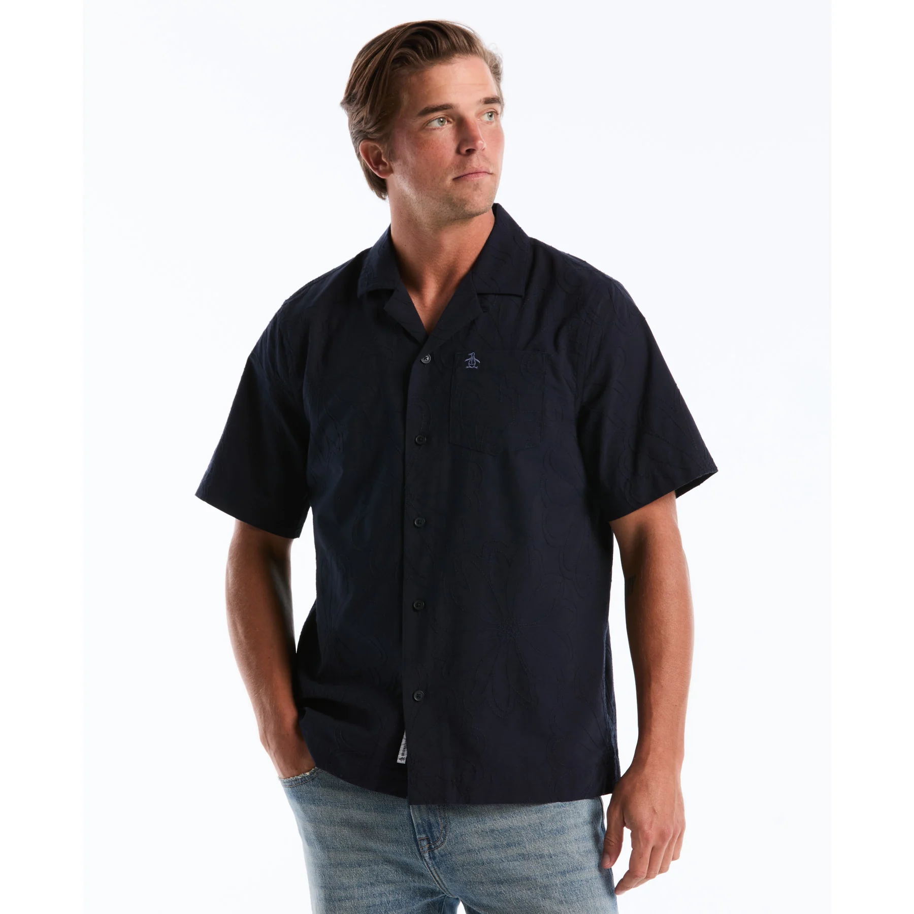 Floral Embroidered Short Sleeve Shirt In Dark Sapphire
