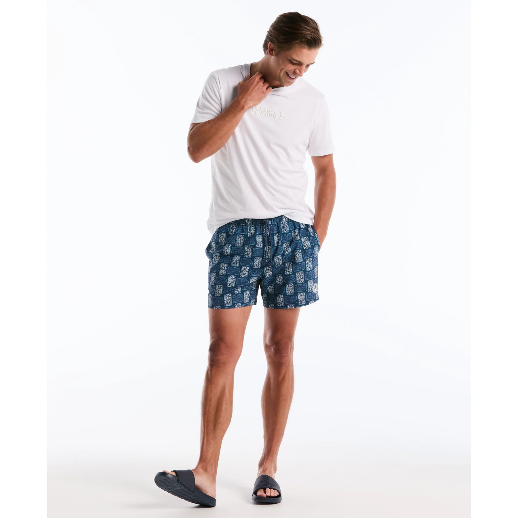 Flower Block Print Swim Shorts In Sargasso Sea - Image 5