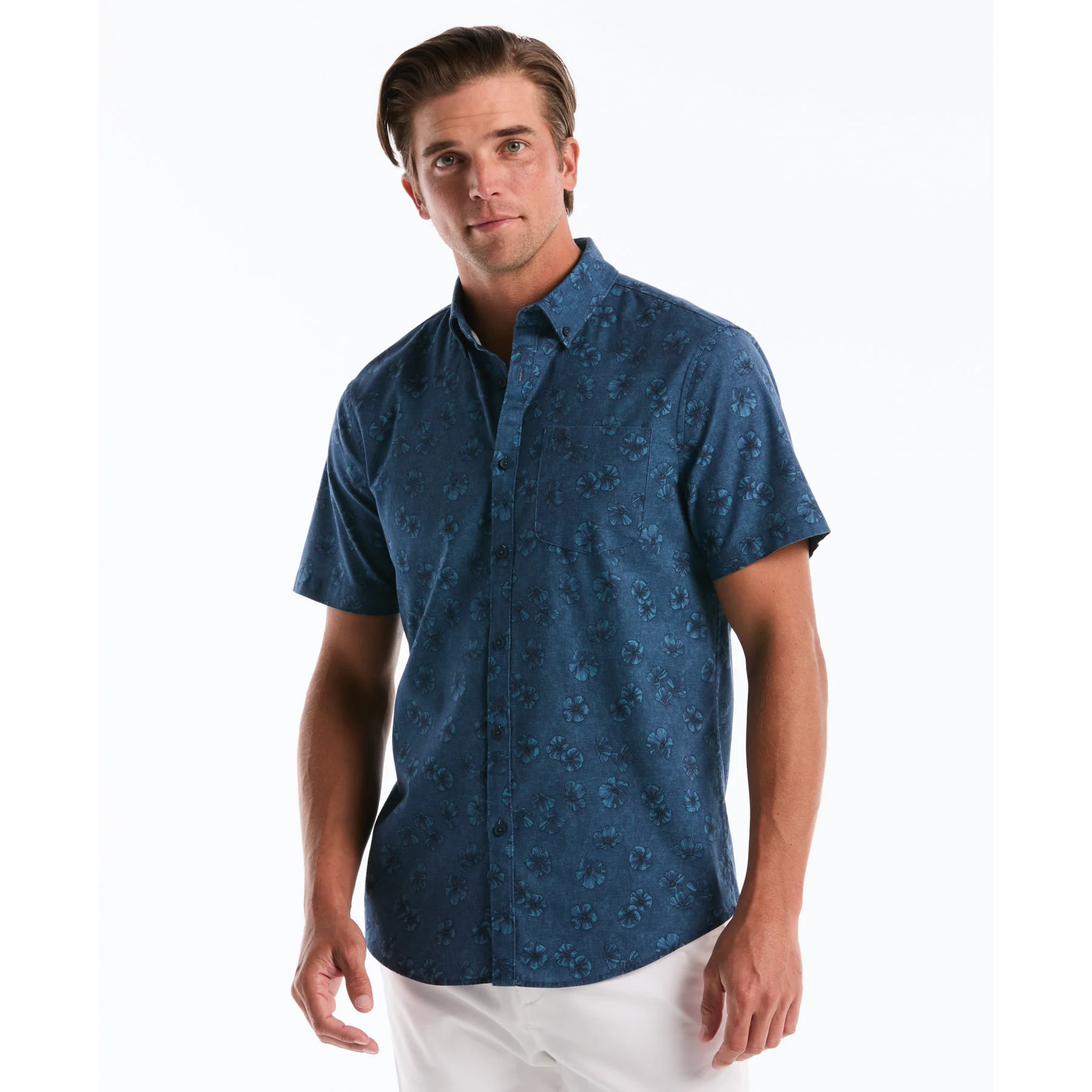 Flower Print Short Sleeve Shirt In Sargasso Sea