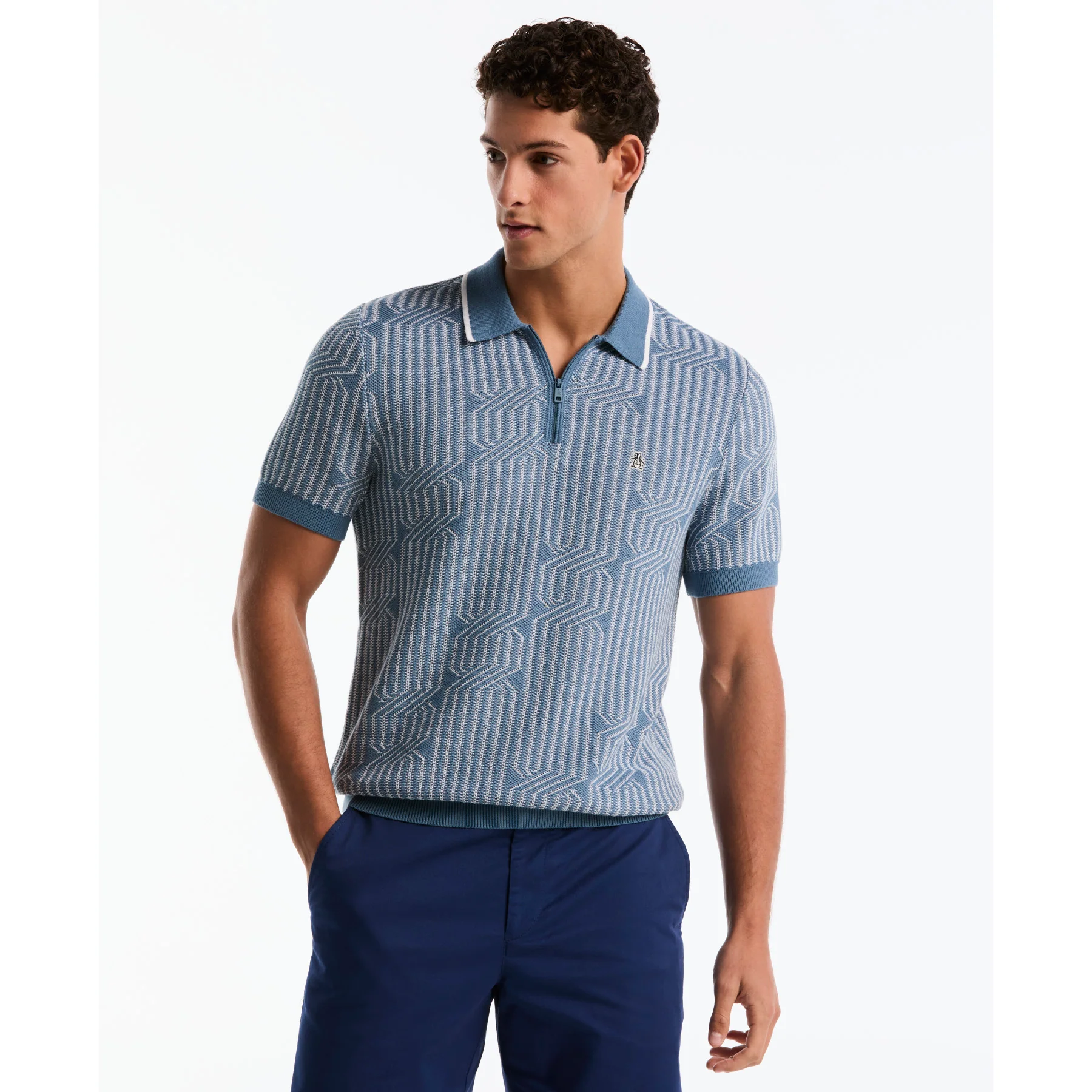 Geo Cable Quarter Zip Sweater Polo In Bright White