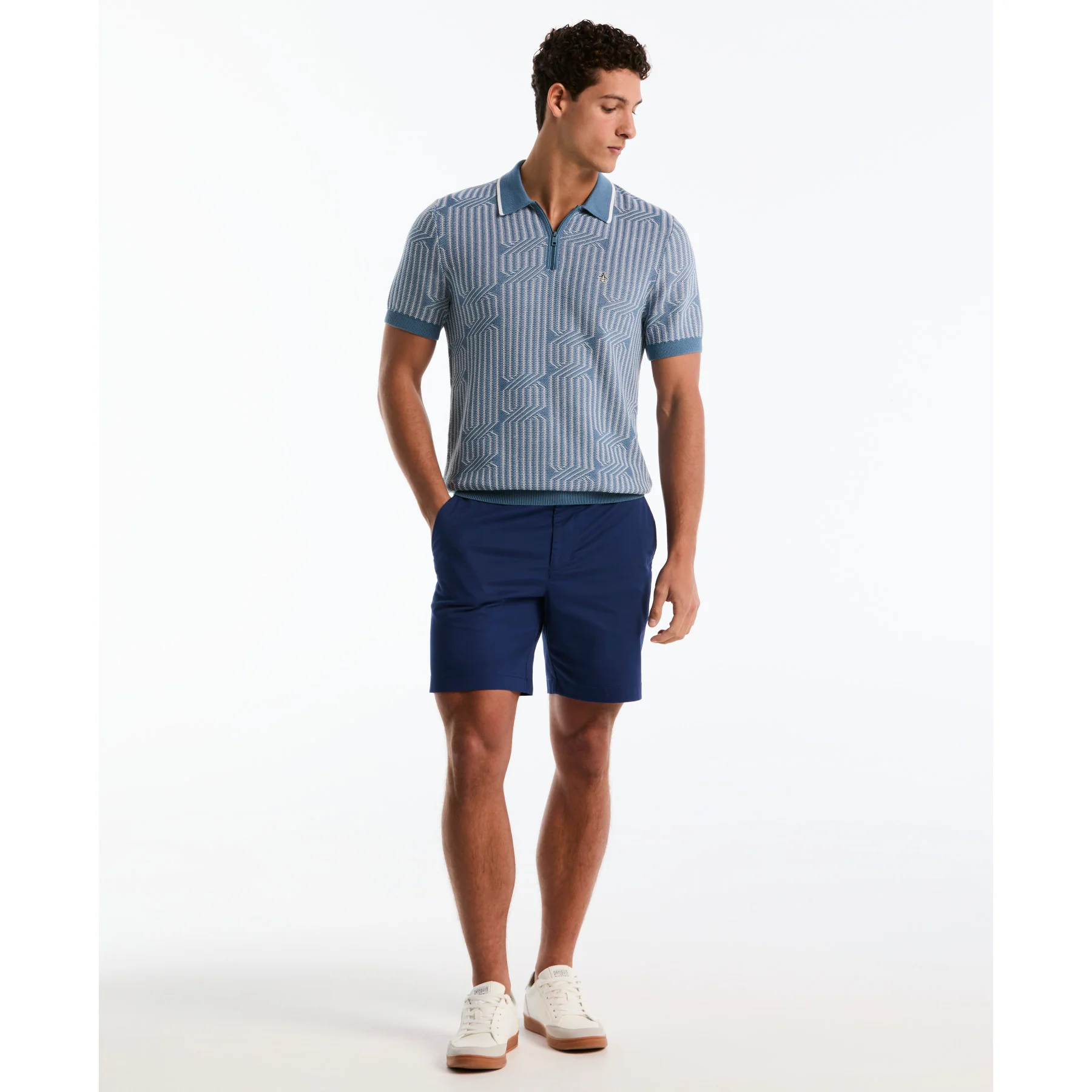 Geo Cable Quarter Zip Sweater Polo In Bright White - Image 2