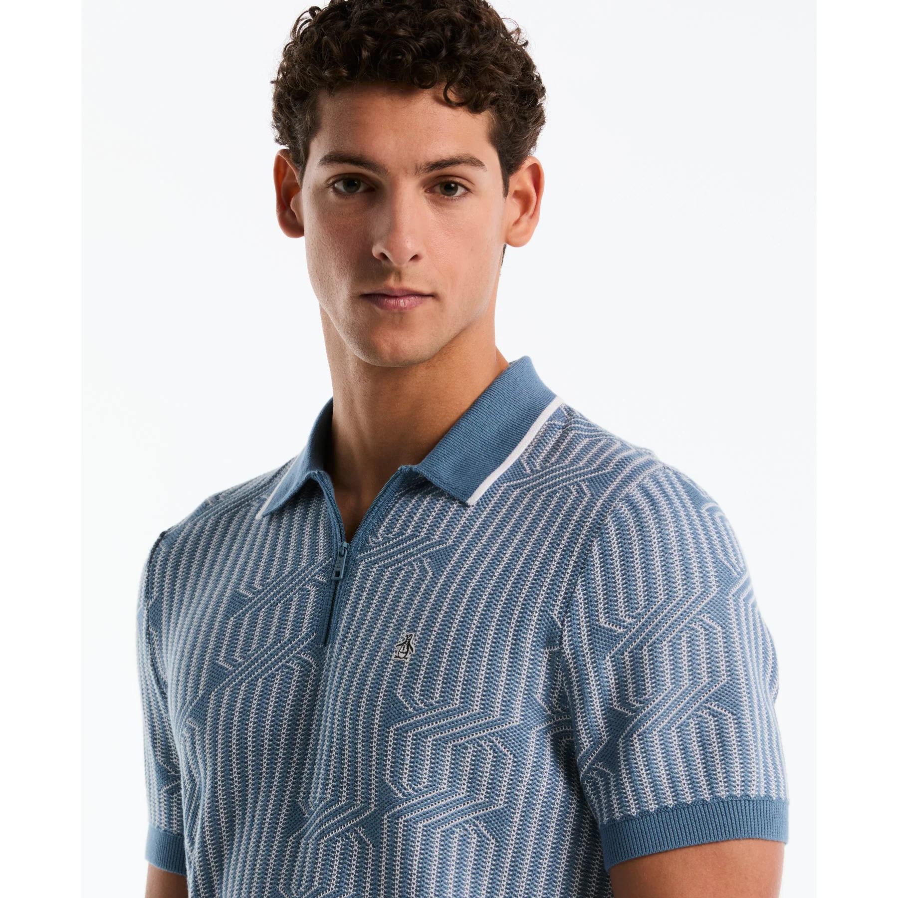 Geo Cable Quarter Zip Sweater Polo In Bright White - Image 4