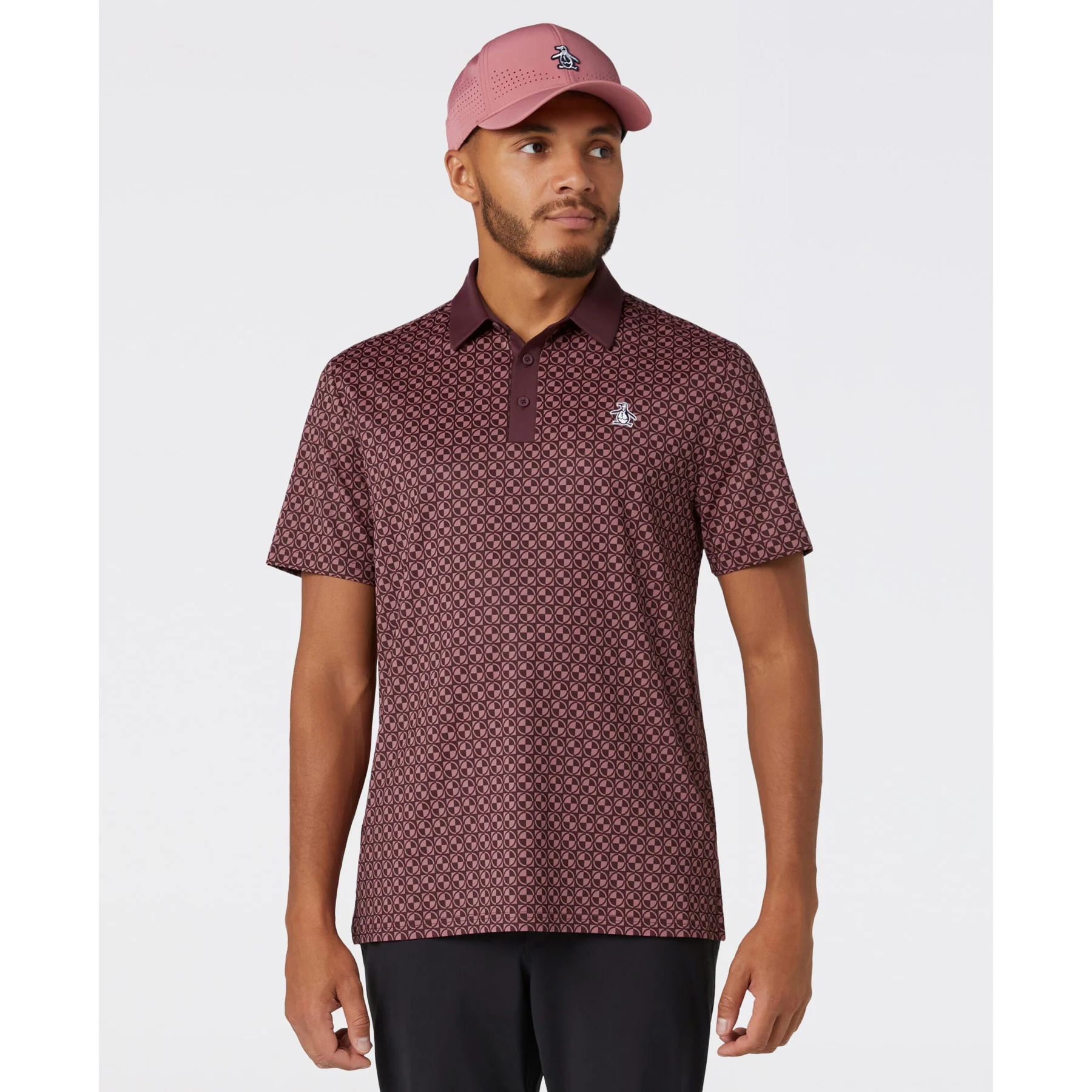 Geo Colour Block Golf Polo In Mauve Wine