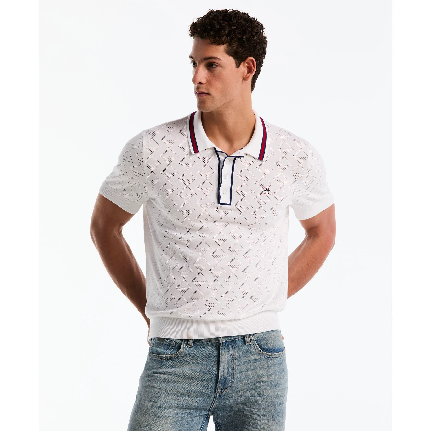 Geometric Eyelet Sweater Polo In Bright White