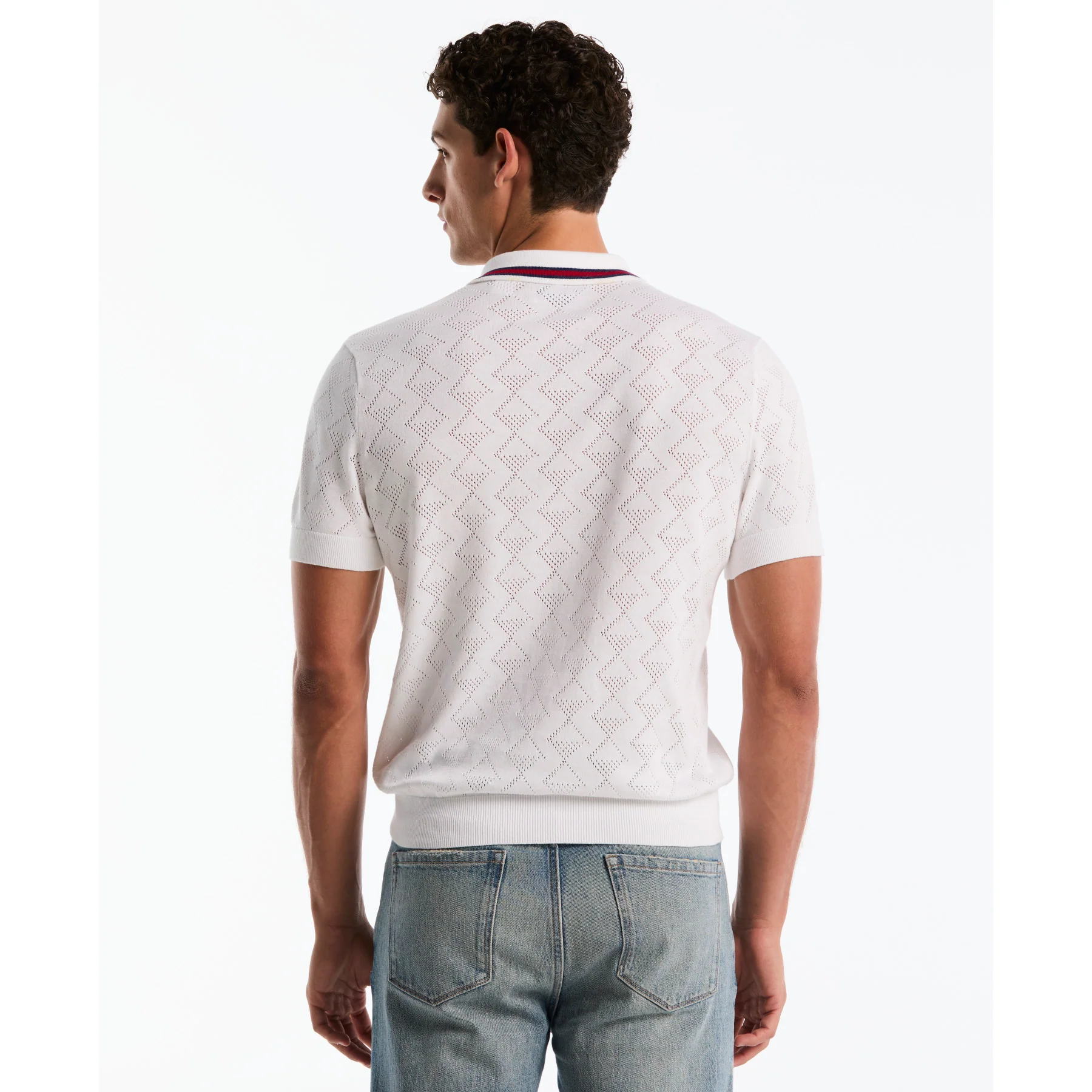 Geometric Eyelet Sweater Polo In Bright White - Image 2