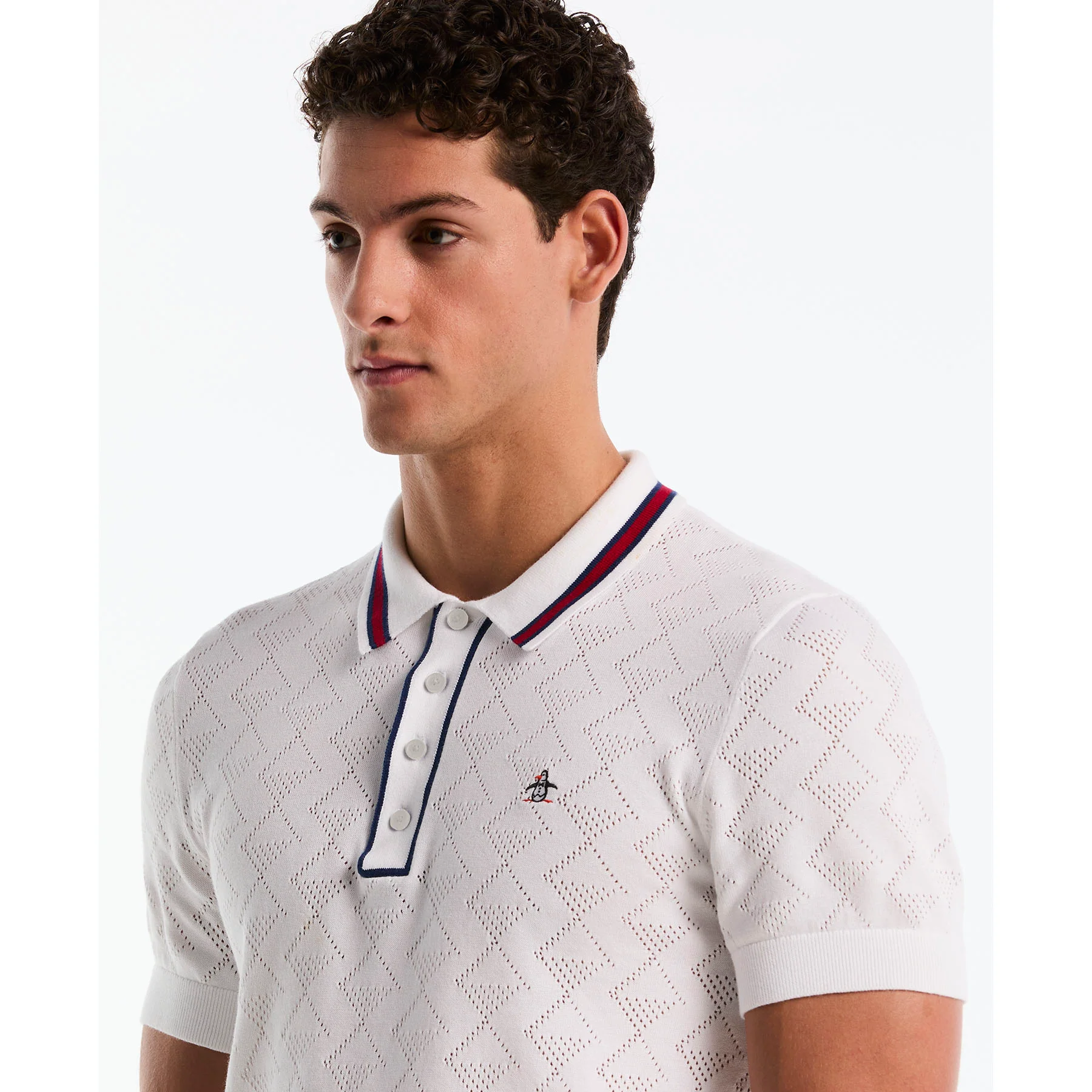 Geometric Eyelet Sweater Polo In Bright White - Image 3