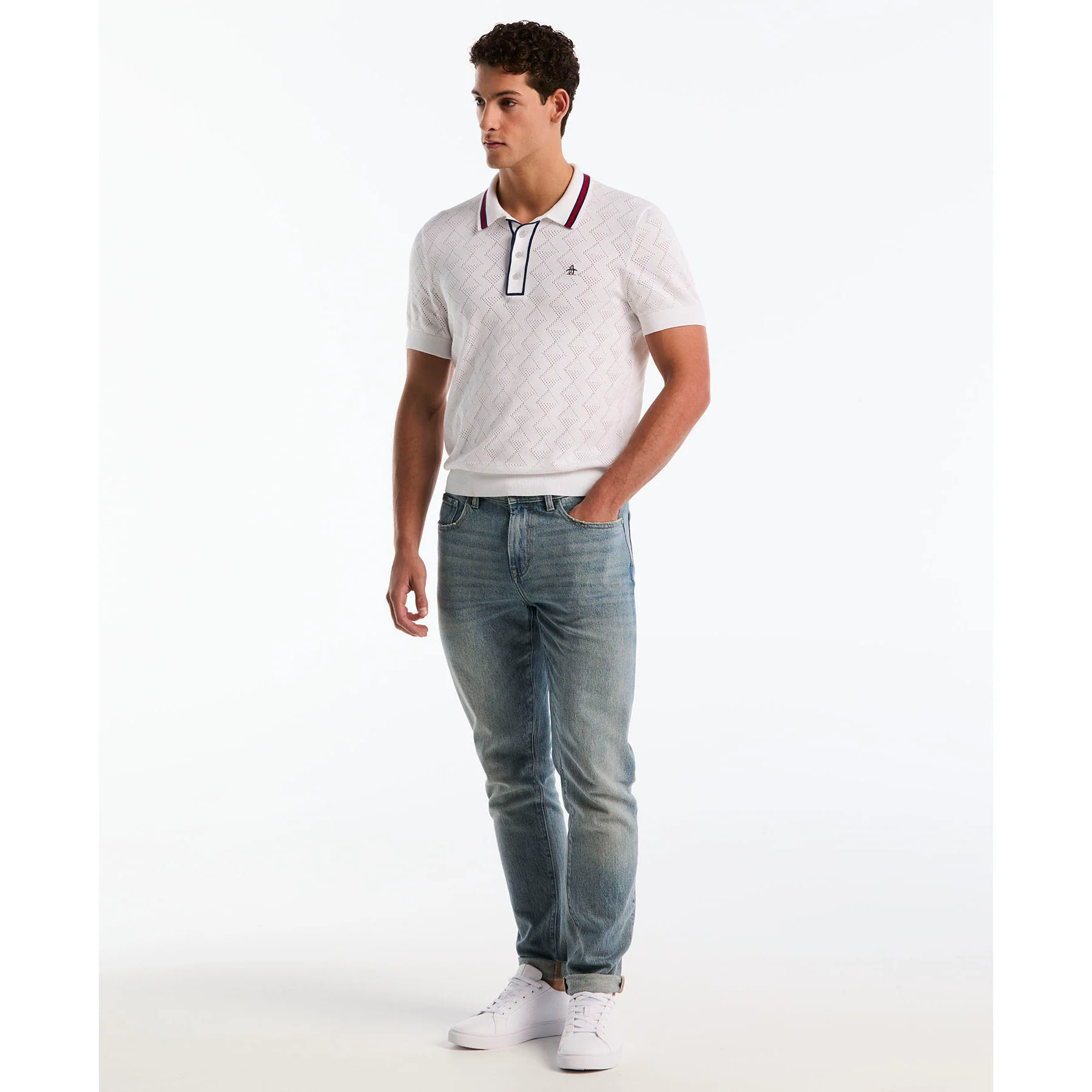 Geometric Eyelet Sweater Polo In Bright White - Image 4