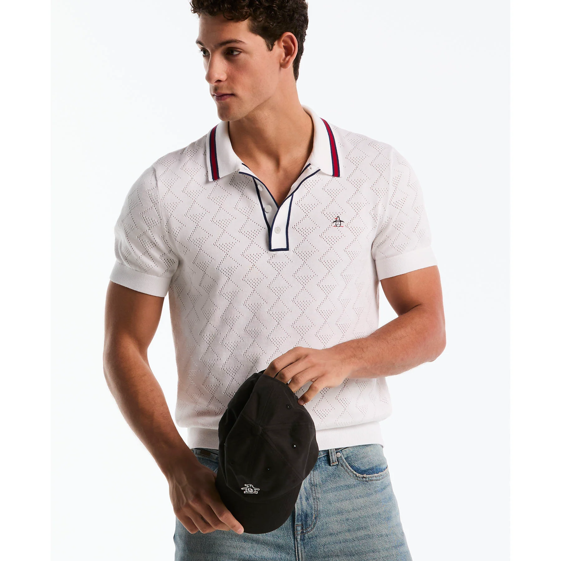 Geometric Eyelet Sweater Polo In Bright White - Image 5