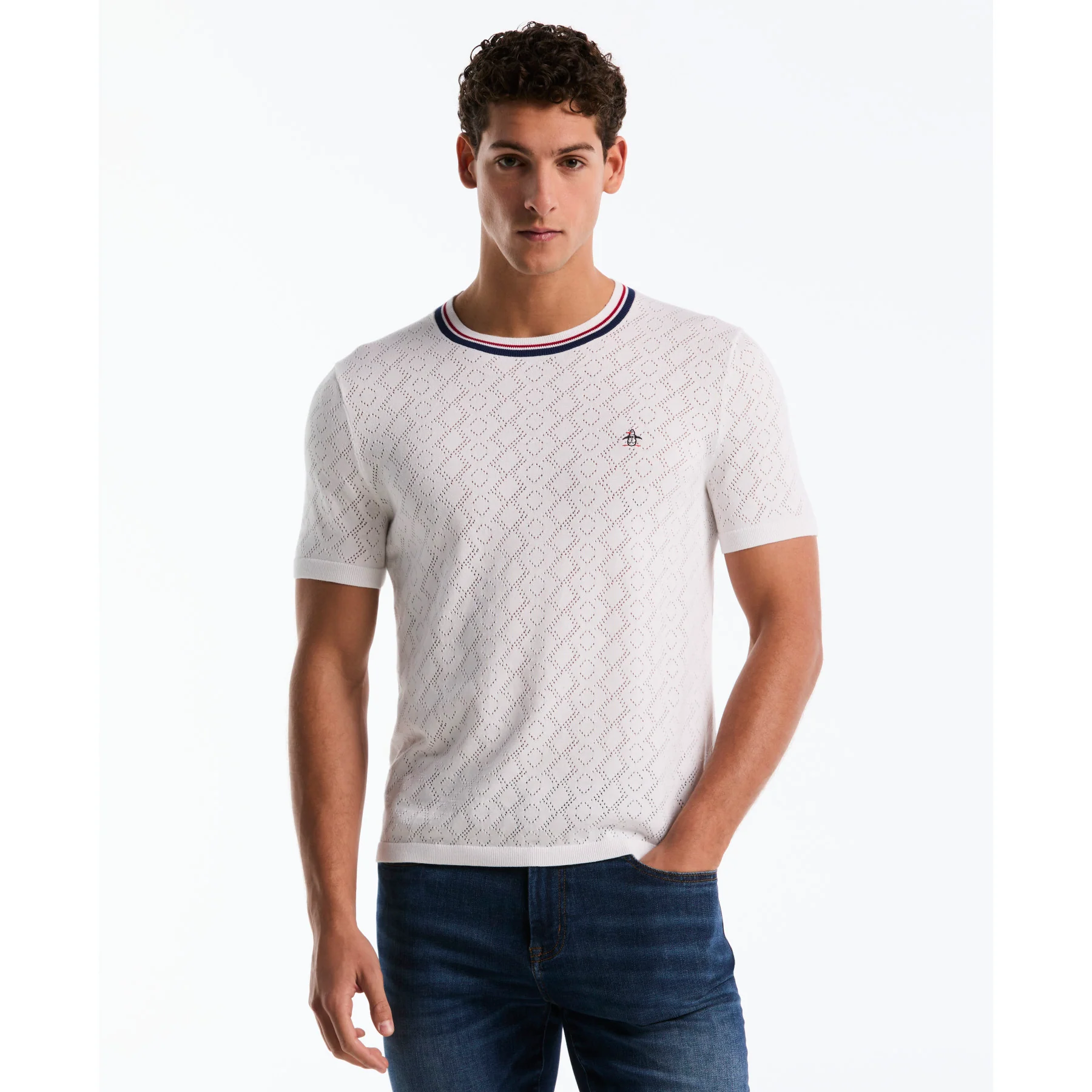 Geometric Eyelet Sweater T-Shirt In Bright White