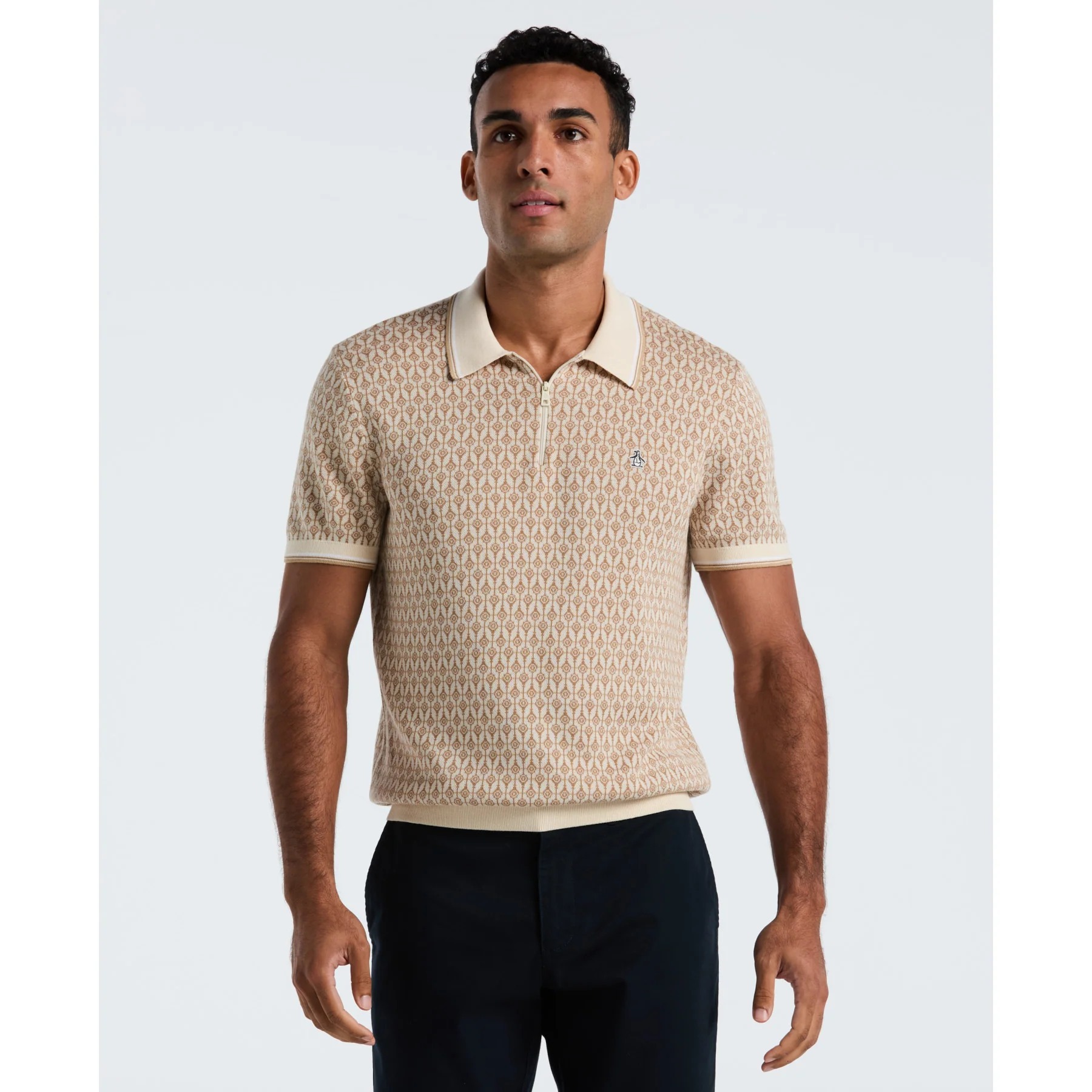 Geometric Jacquard 1/4 Zip Sweater Polo In Birch