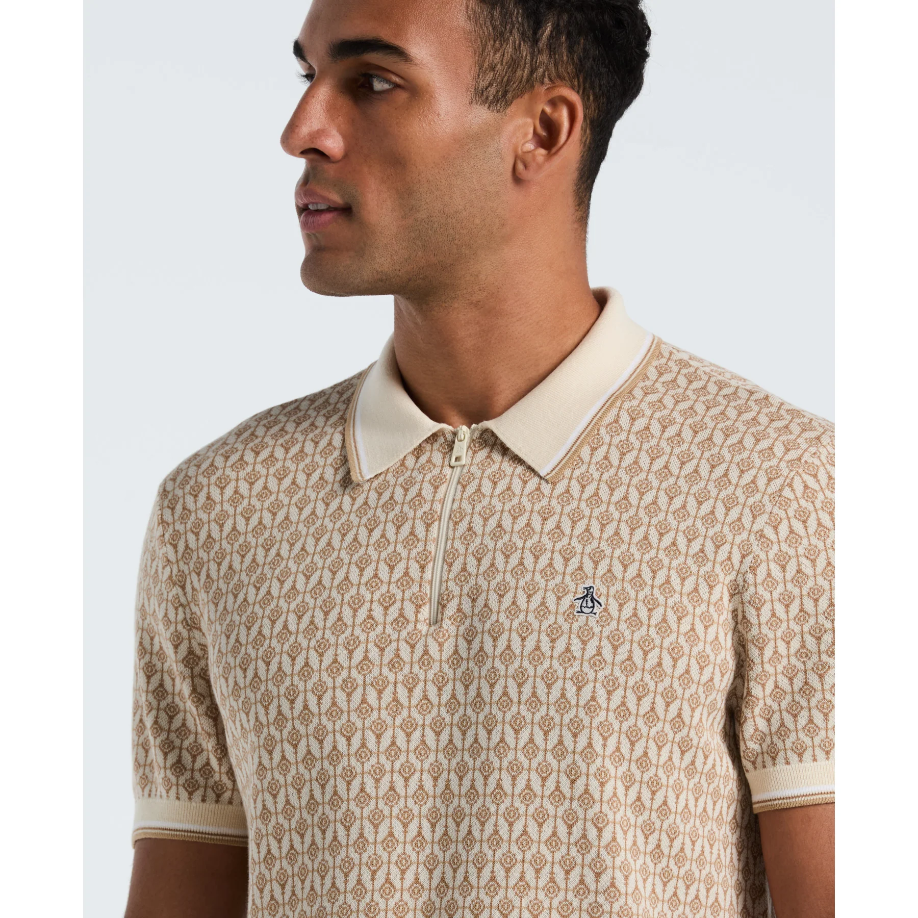 Geometric Jacquard 1/4 Zip Sweater Polo In Birch - Image 3