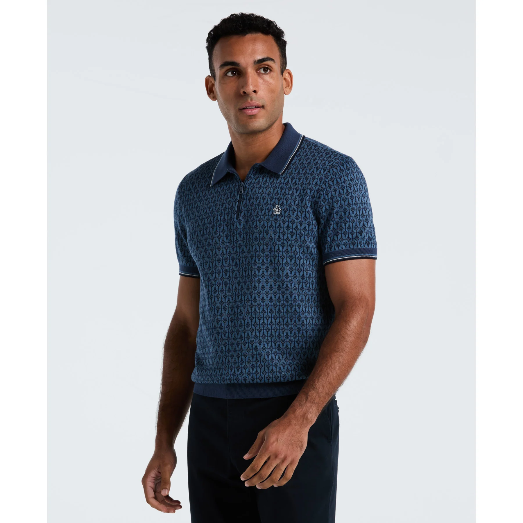 Geometric Jacquard 1/4 Zip Sweater Polo In Sargasso Sea
