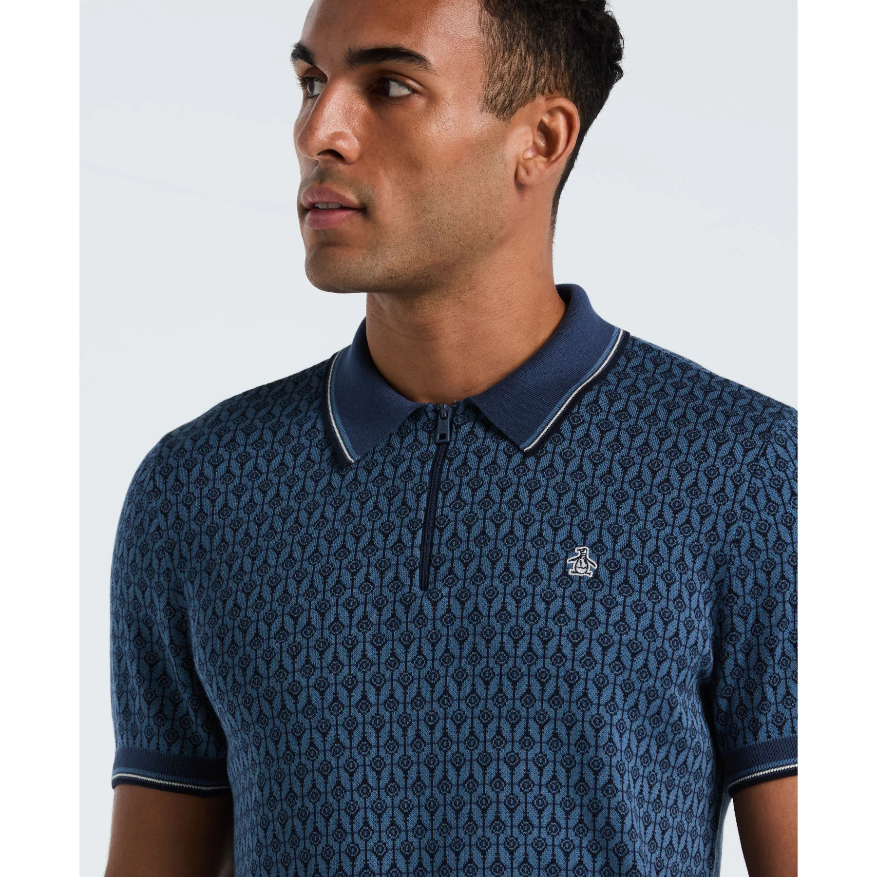 Geometric Jacquard 1/4 Zip Sweater Polo In Sargasso Sea - Image 3