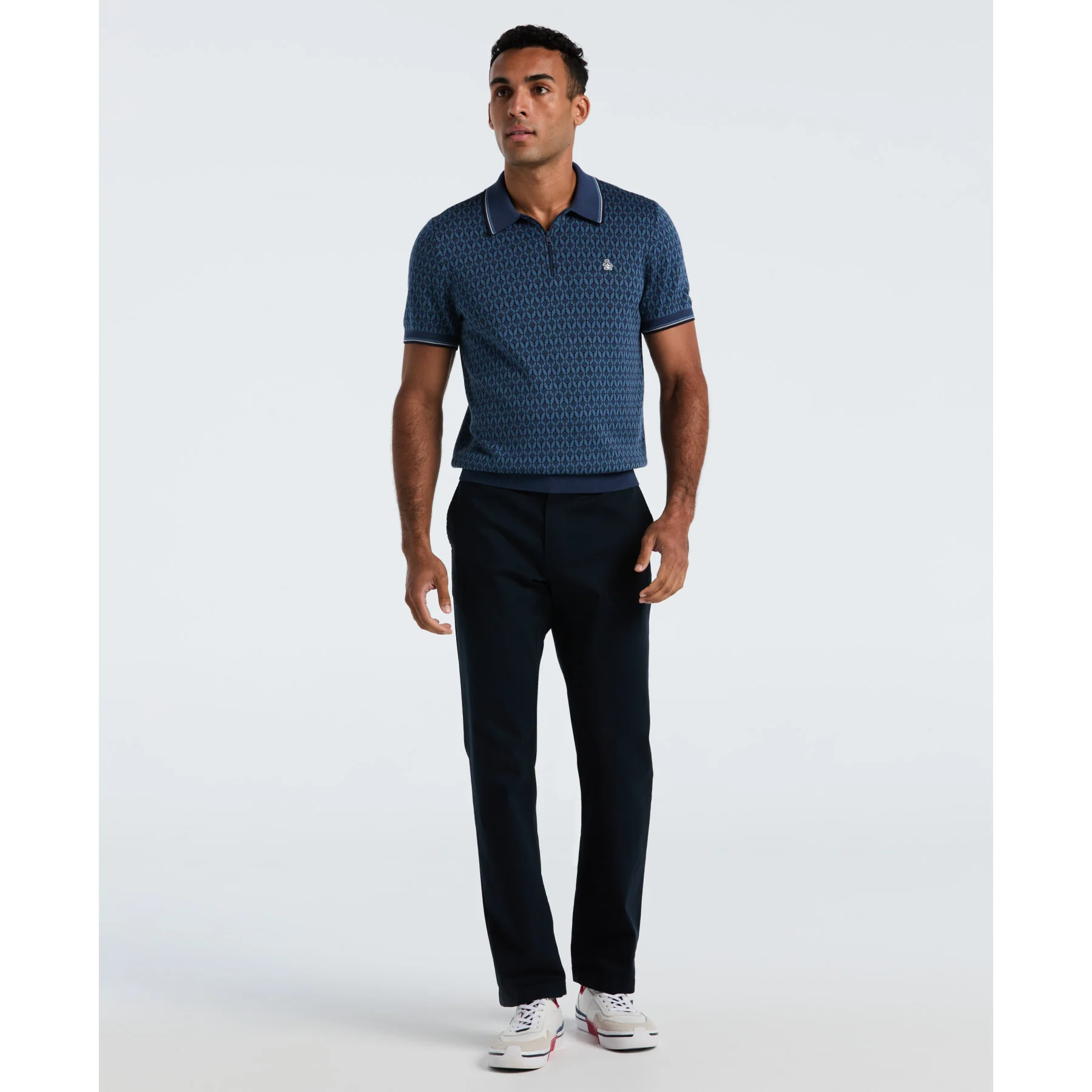 Geometric Jacquard 1/4 Zip Sweater Polo In Sargasso Sea - Image 4