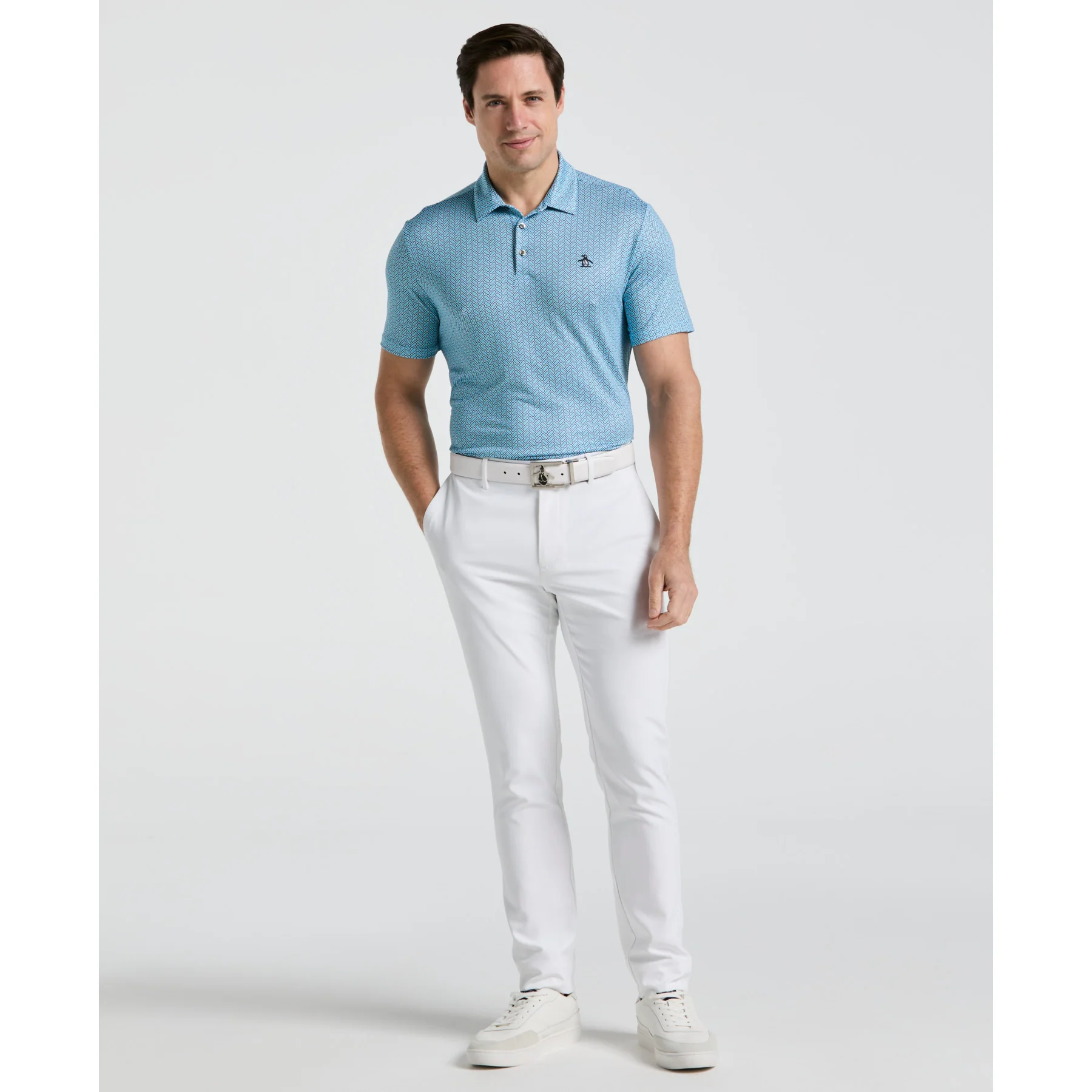 Heritage Herringbone All Over Print Golf Polo Shirt In Aquarius - Image 4