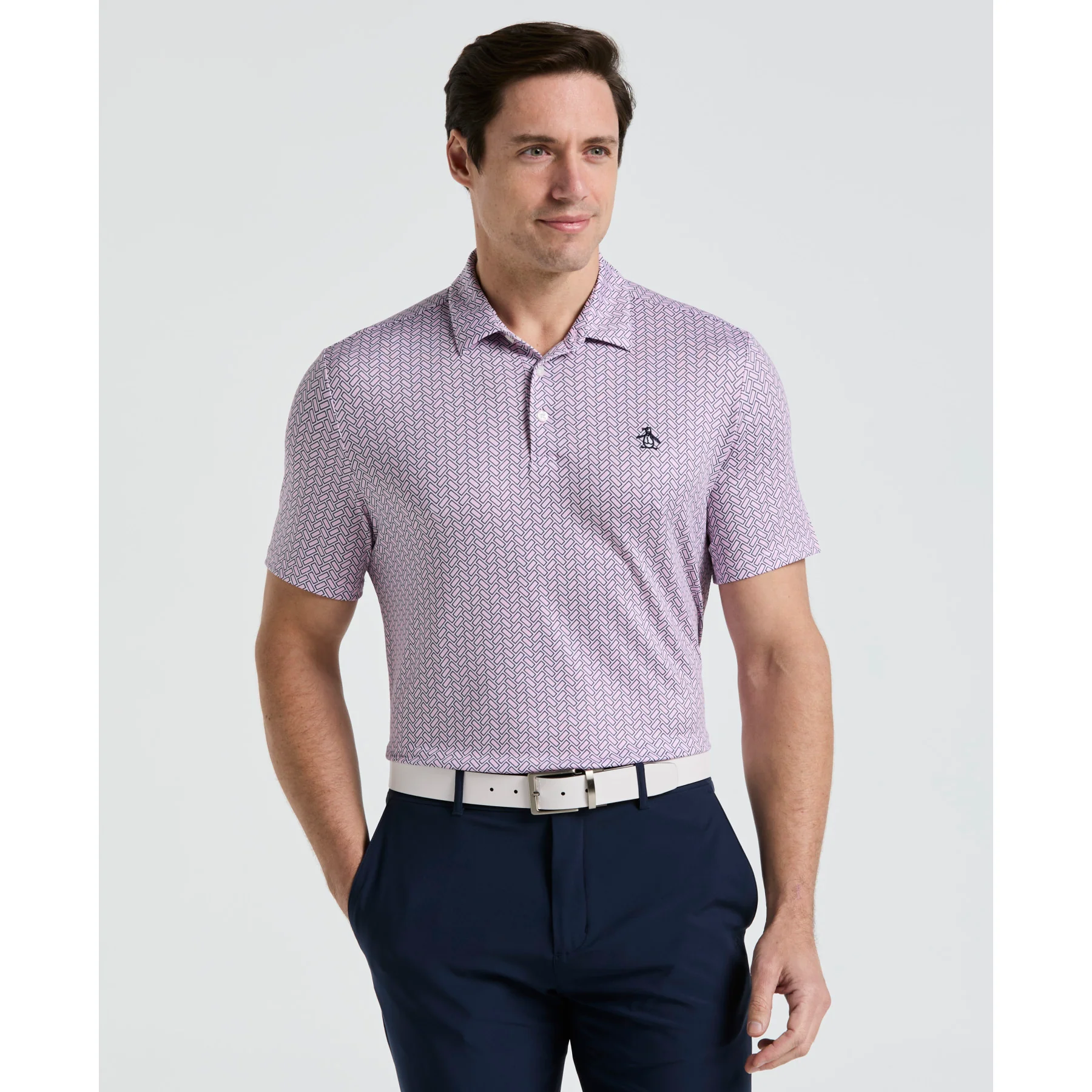 Heritage Herringbone All Over Print Golf Polo Shirt In Lilac Sachet