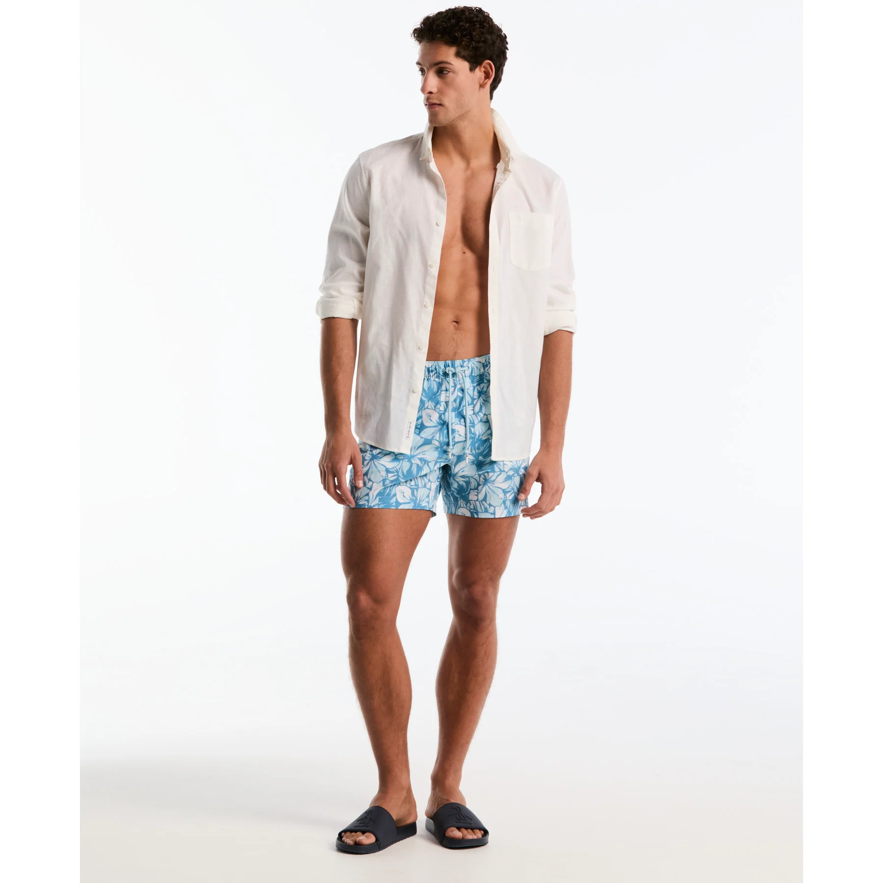 Hibiscus Print Swim Shorts In Cool Blue - Image 5