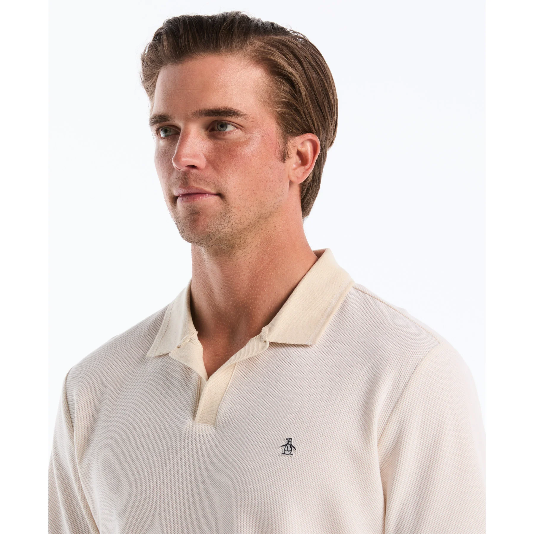 Honeycomb Textured Johnny Collar Polo Shirt In Birch - Image 3