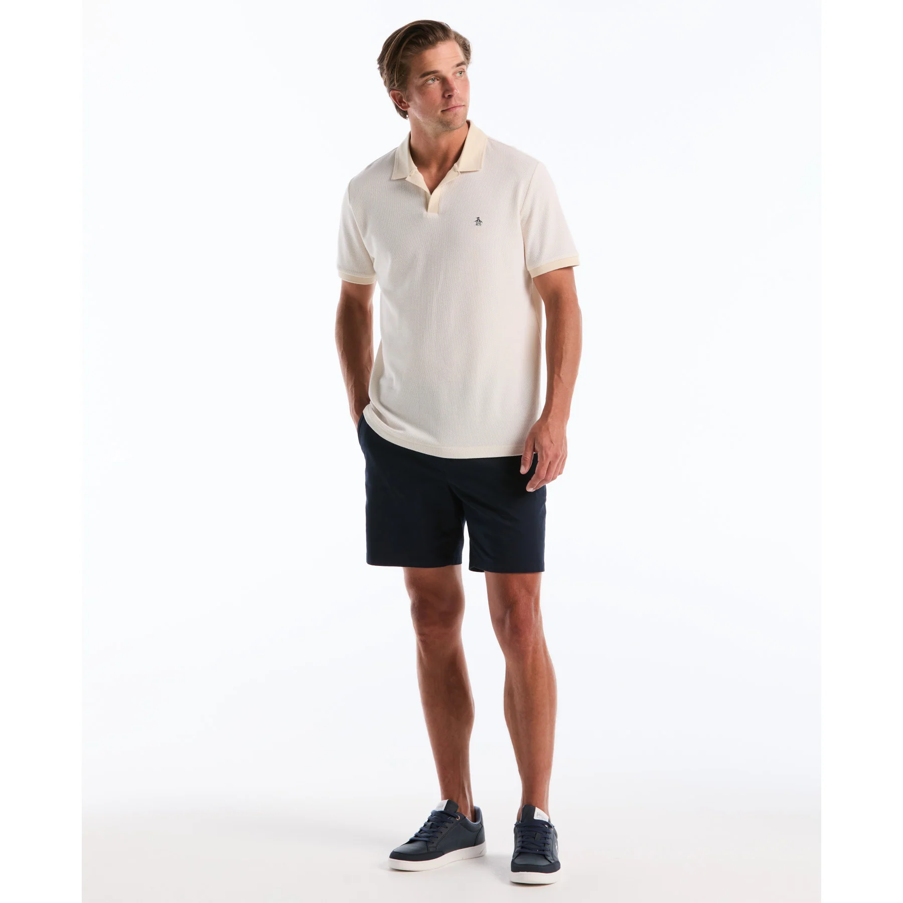 Honeycomb Textured Johnny Collar Polo Shirt In Birch - Image 4