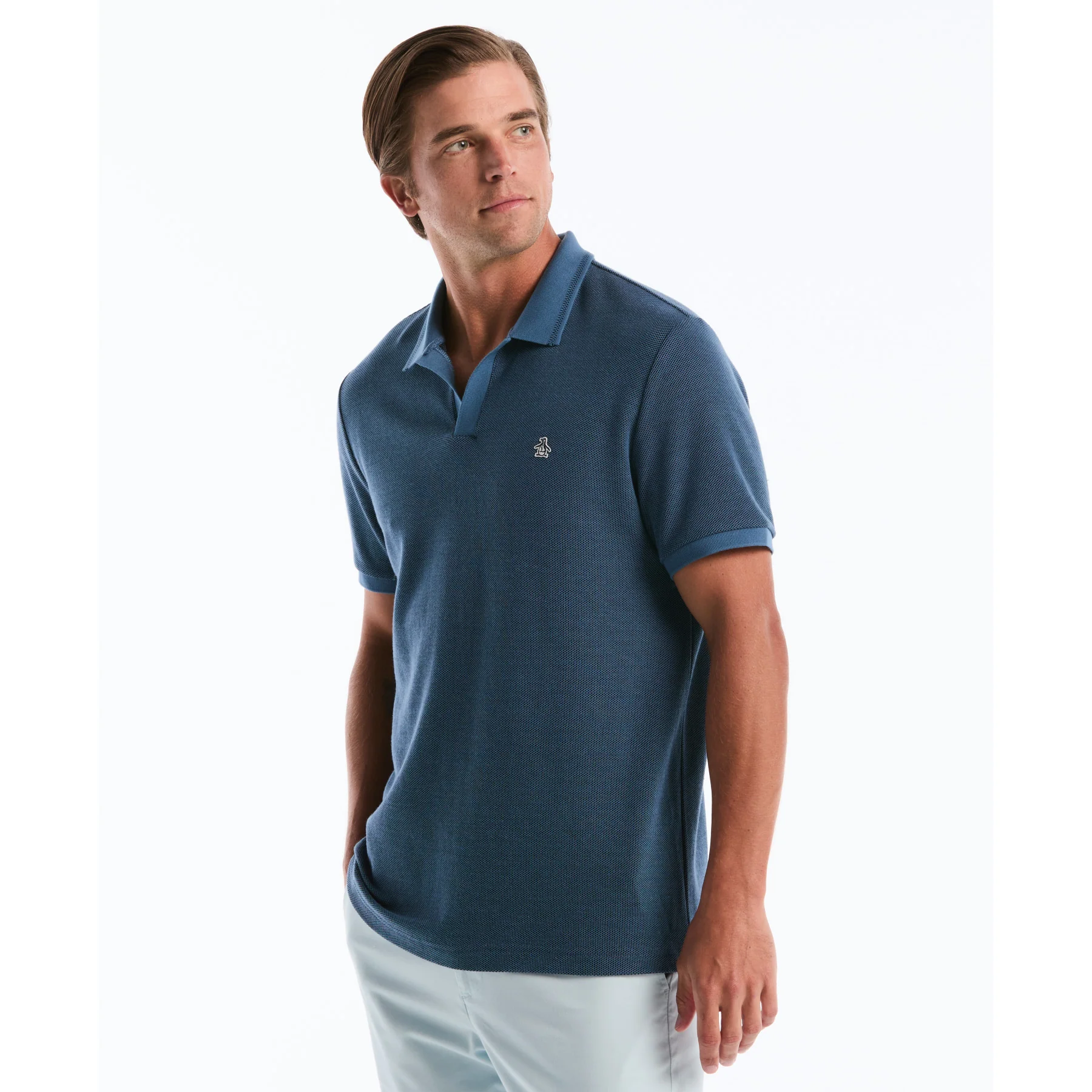 Honeycomb Textured Johnny Collar Polo Shirt In Copen Blue