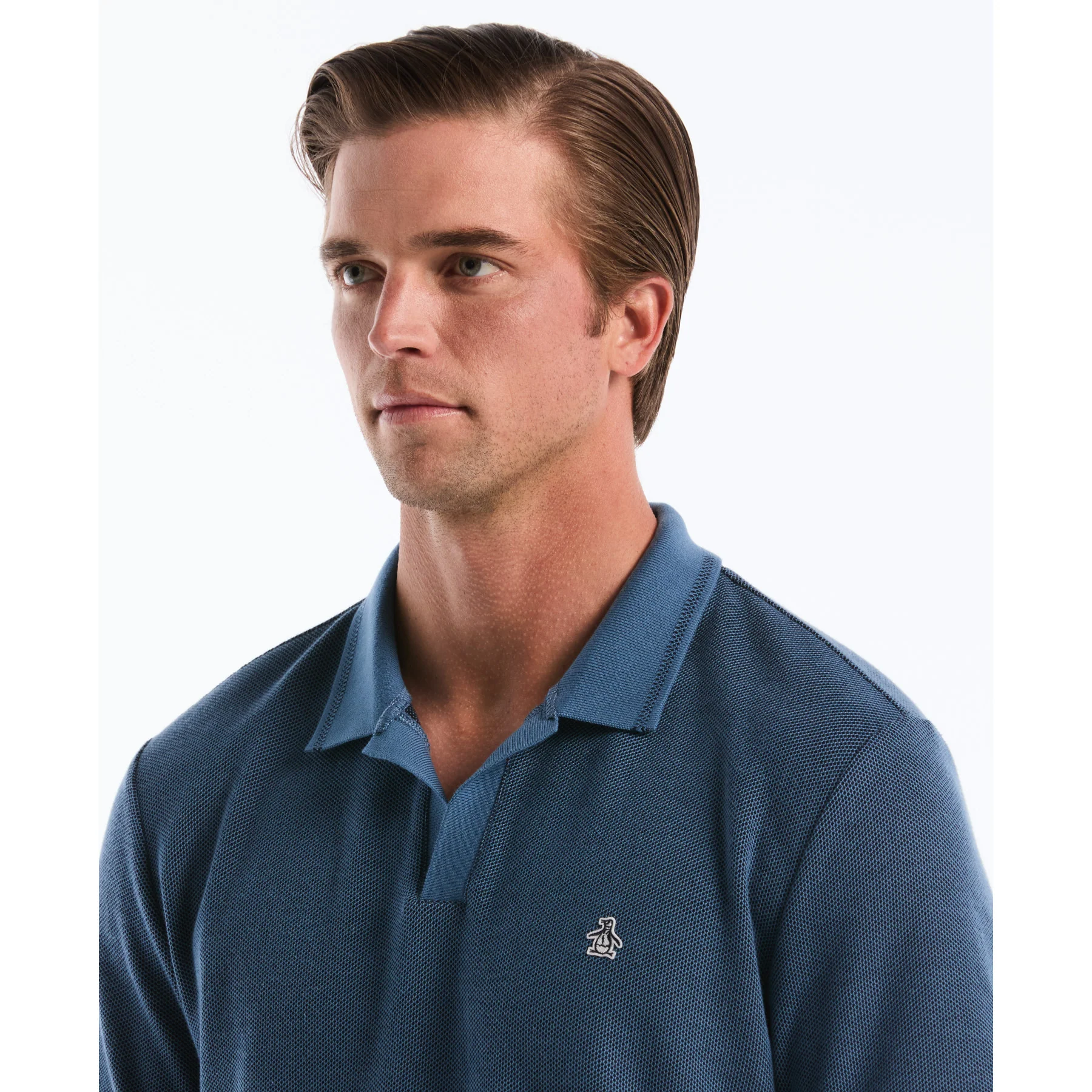 Honeycomb Textured Johnny Collar Polo Shirt In Copen Blue - Image 3